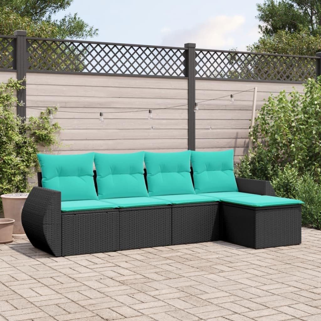 vidaXL 5 Piece Patio Sofa Set - Black Poly Rattan Outdoor Furniture with Cushions and Storage