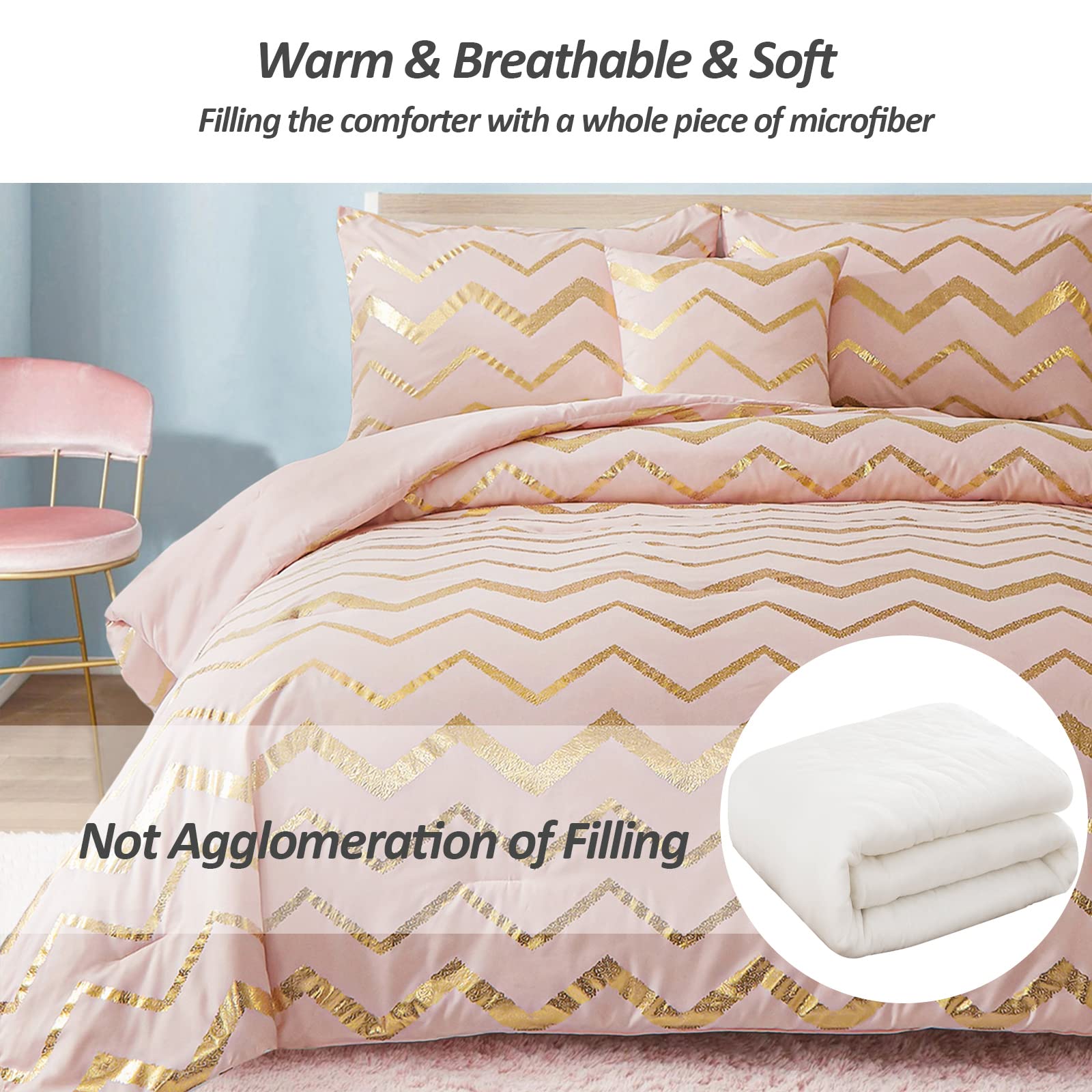 Pink Comforter Set King Size Metallic Blush And Rose Gold Bedding Set, 4 Piece Lightweight Microfiber Comforter For Teen Girls W