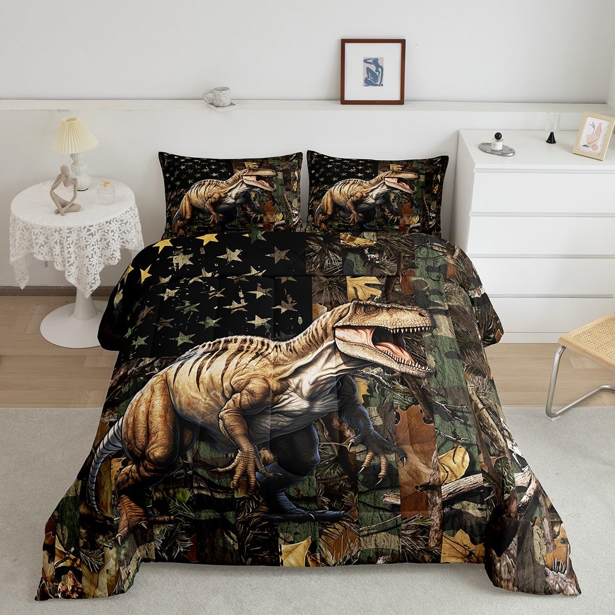 Dinosaur Kids Comforter Set Queen Size,American Usa Flag Camouflage Dead Branches Bedding Set,Boys Girls Adults Room Decor,Wild