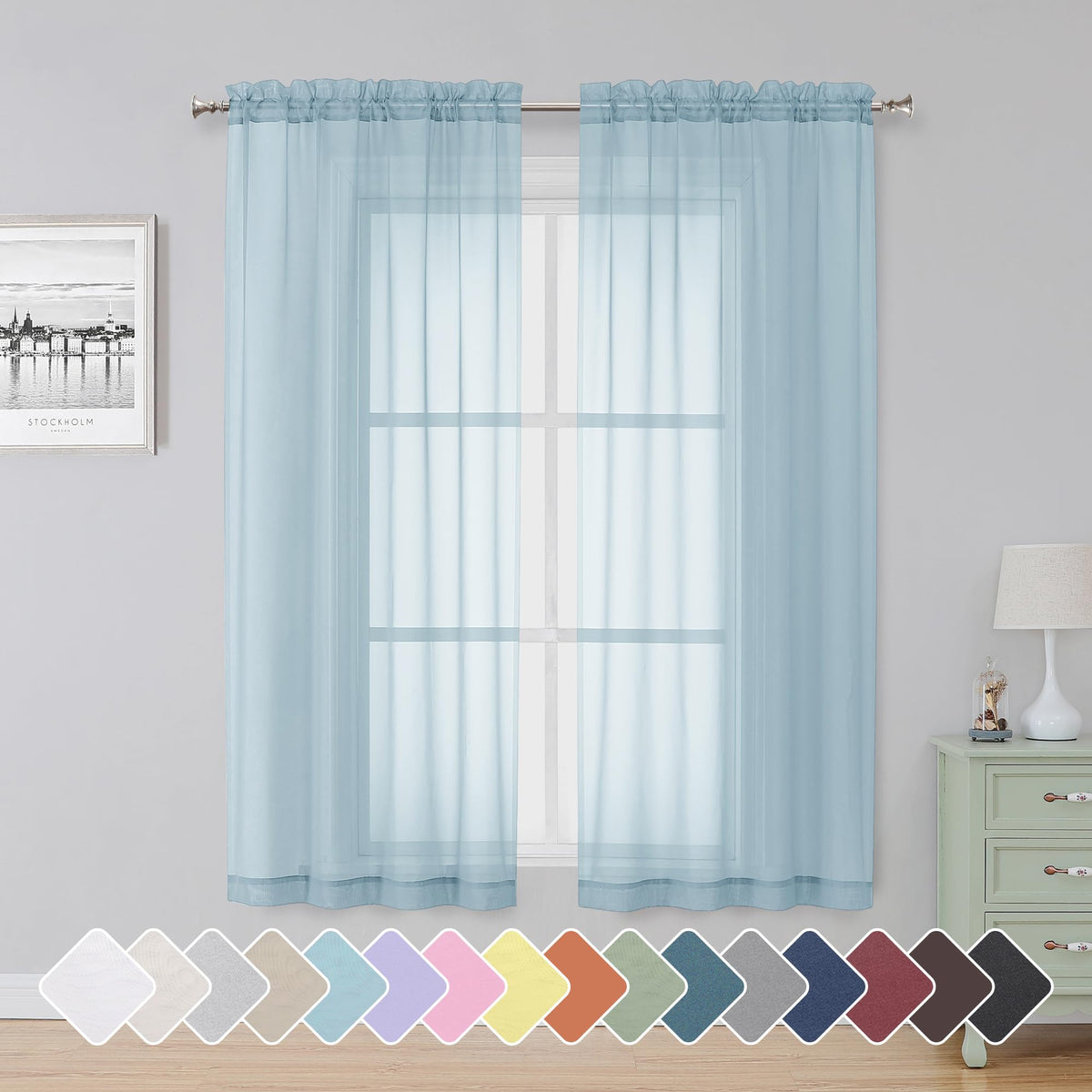 Simplebrand Sky Blue Sheer Curtains 63 Inch Length 2 Panels, Rod Pocket Solid Color Window Sheer Curtain Panels, Elegant Curtain