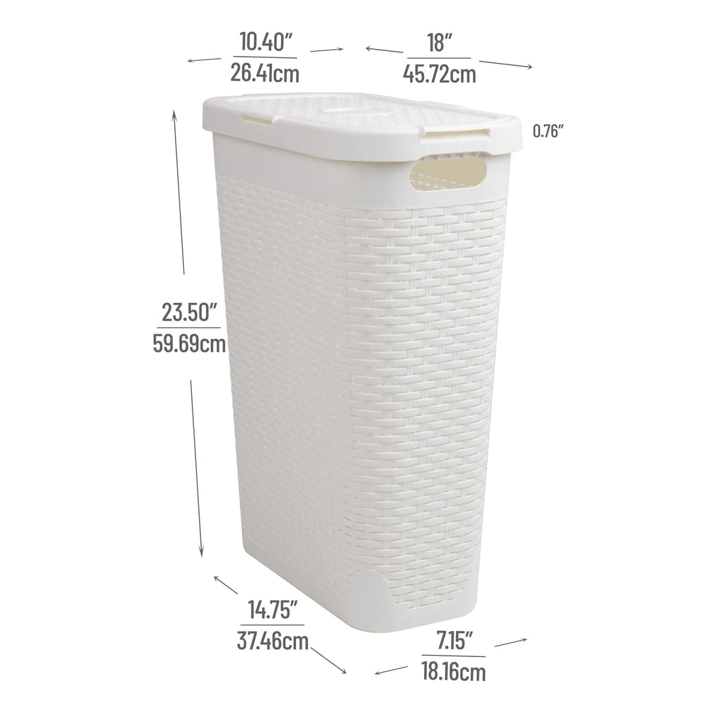 Mind Reader 40L Slim Laundry Hamper, Clothes Basket, Lid, Wicker Design, Plastic, 18''L X 10.4''W X 23.5''H, Set Of 2, White