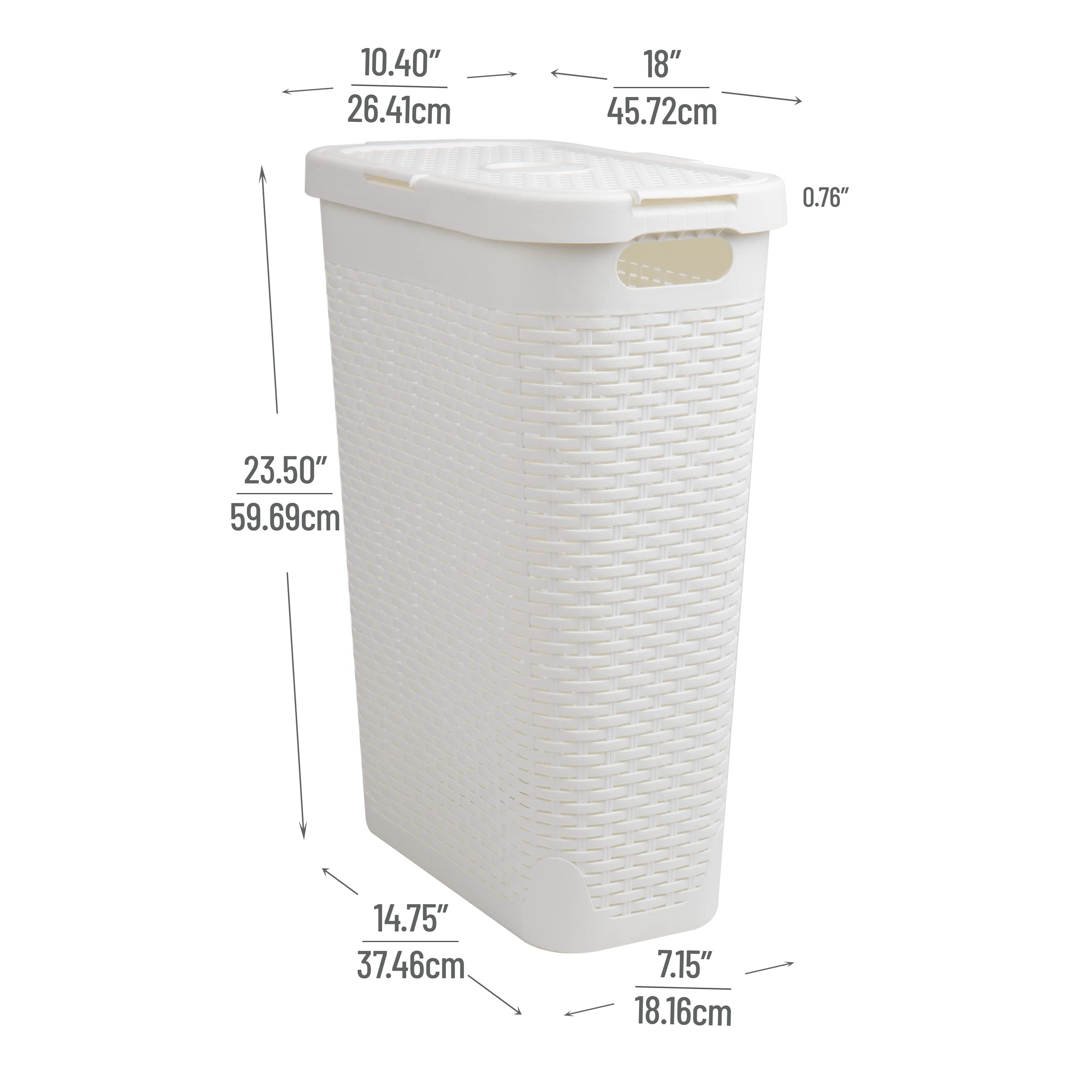Mind Reader 40L Slim Laundry Hamper, Clothes Basket, Lid, Wicker Design, Plastic, 18''L X 10.4''W X 23.5''H, Set Of 2, White