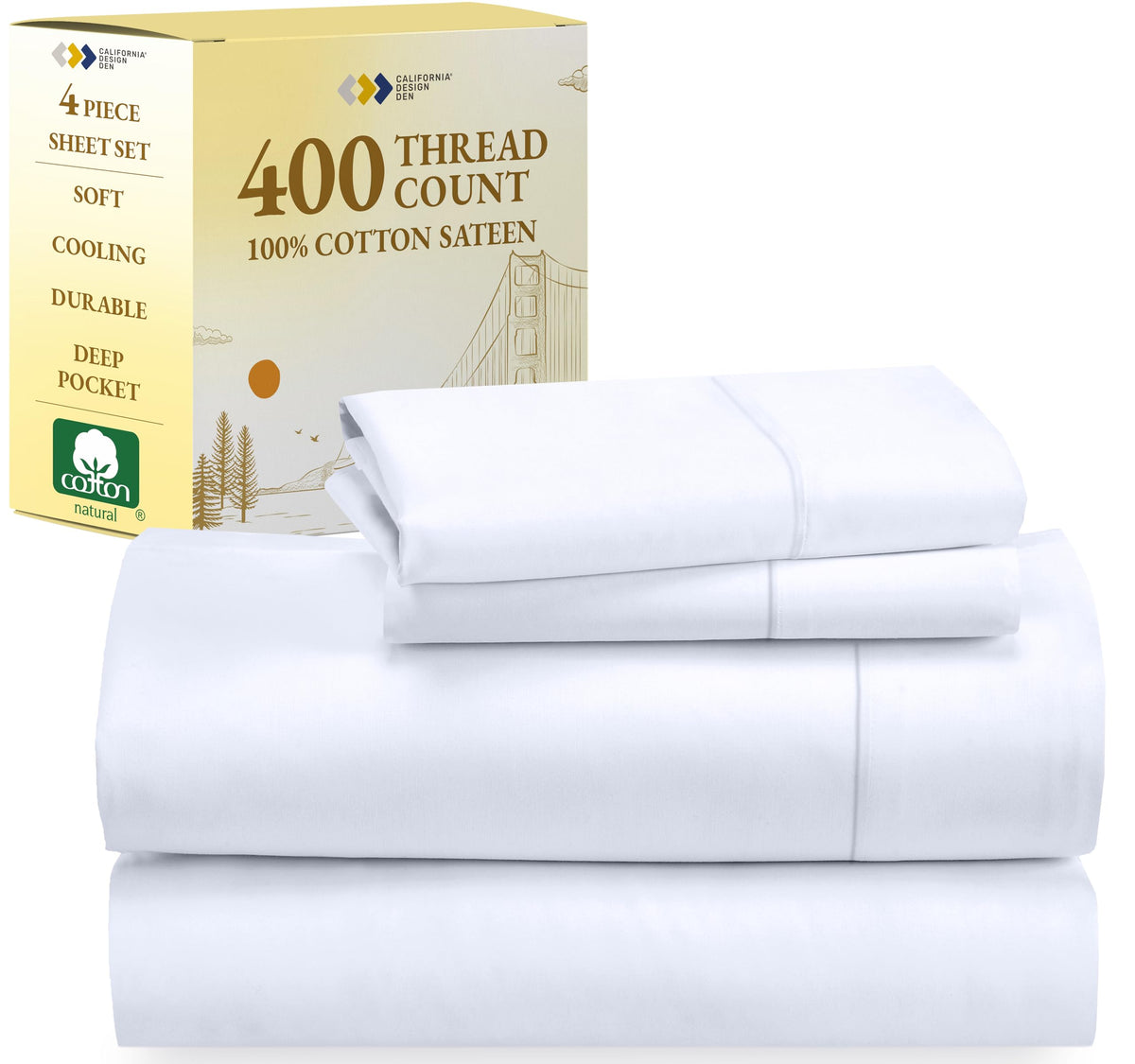 California Design Den Queen Size Bed Set, Good Housekeeping Award Winner, 400 Thread Count 100% Cotton Sheets Sateen, Deep Pocke