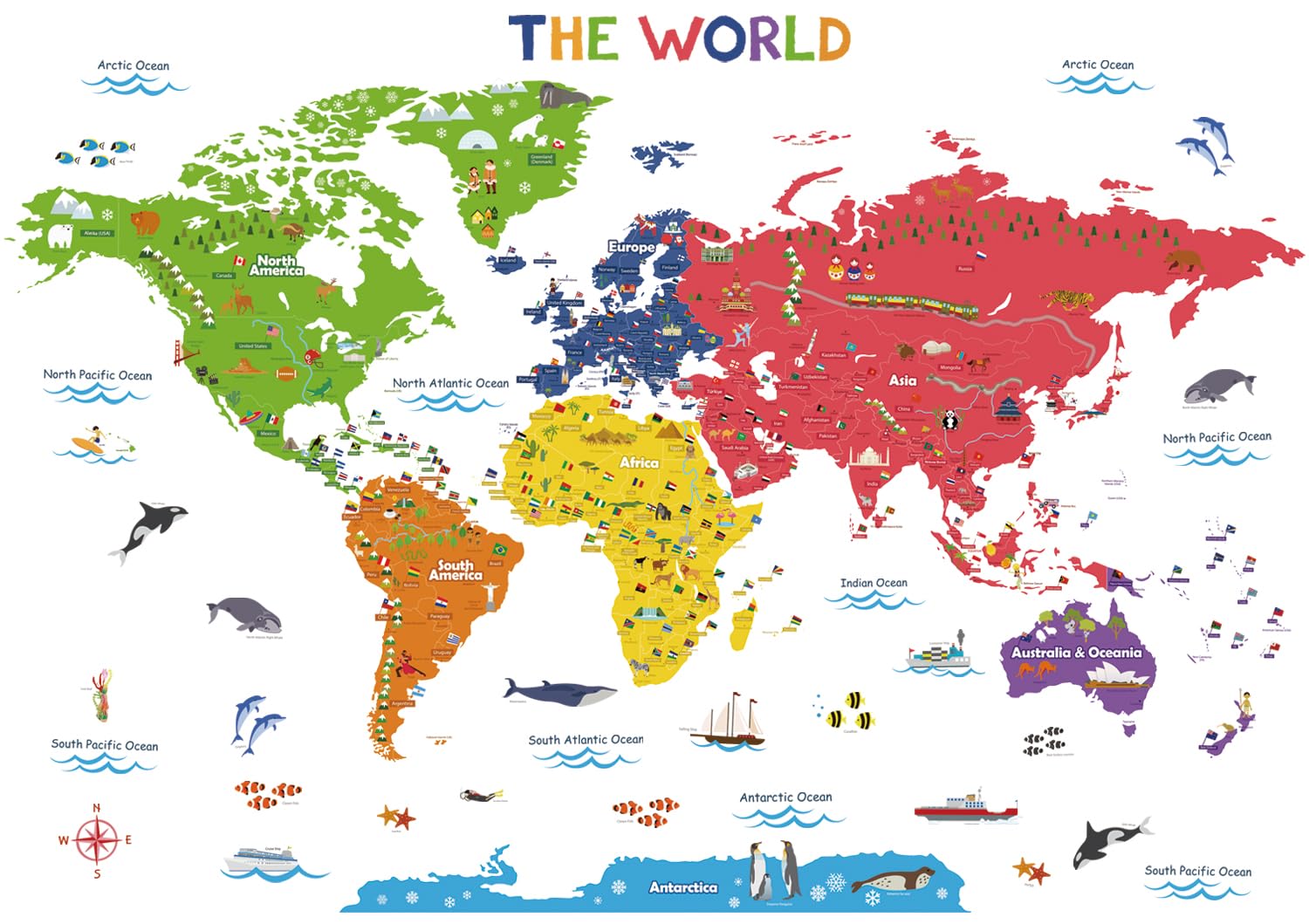 DECOWALL DL3-2212 XLarge World Map Kids Wall Stickers (59x40 inch) Decals Peel and Stick Removable for Nursery Bedroom Living Ro