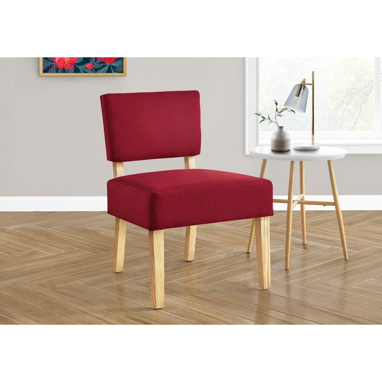 Monarch Specialties 8295, Armless, Living Room, Bedroom, Fabric, Wood Legs, Red, Natural, Transitional Accent Chair, 22.75&quot; L X 27.5&quot; W X 31.5&quot; H