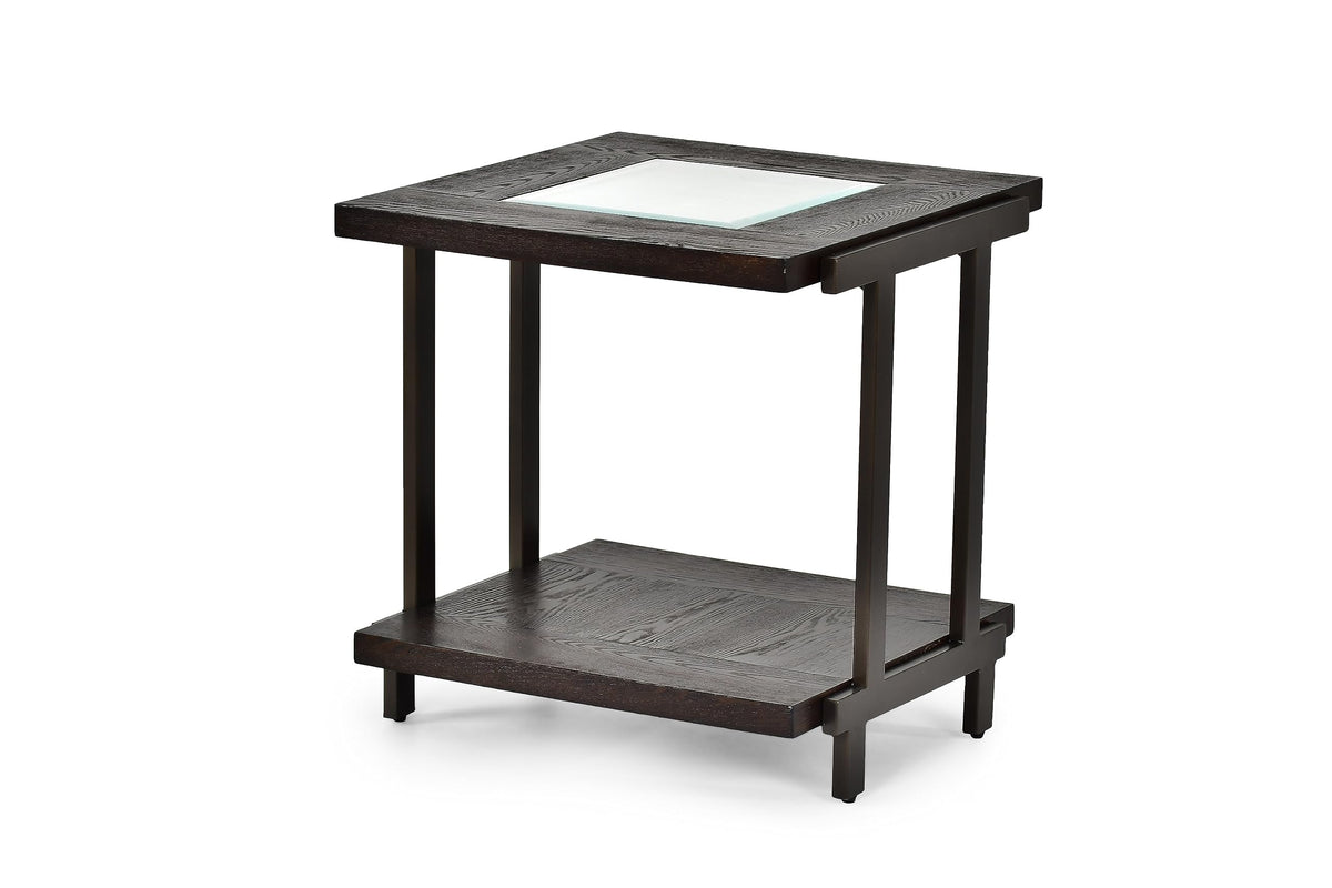 Steve Silver Furniture Terrell End Table, Rustic Industrial Design, Tempered Glass, Wood Top, Iron Frame, Smoky Brown Finish, for Living Room, Home Office, 24&quot; L x 24&quot; W x 24&quot; H, Brown