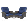 Hummuh Outdoor Wicker Chairs Patio Dining Chairs Set Of 2 With High Back And Deep Seat For Garden,Porch,Backyard,Balcony (Brown/Blue)