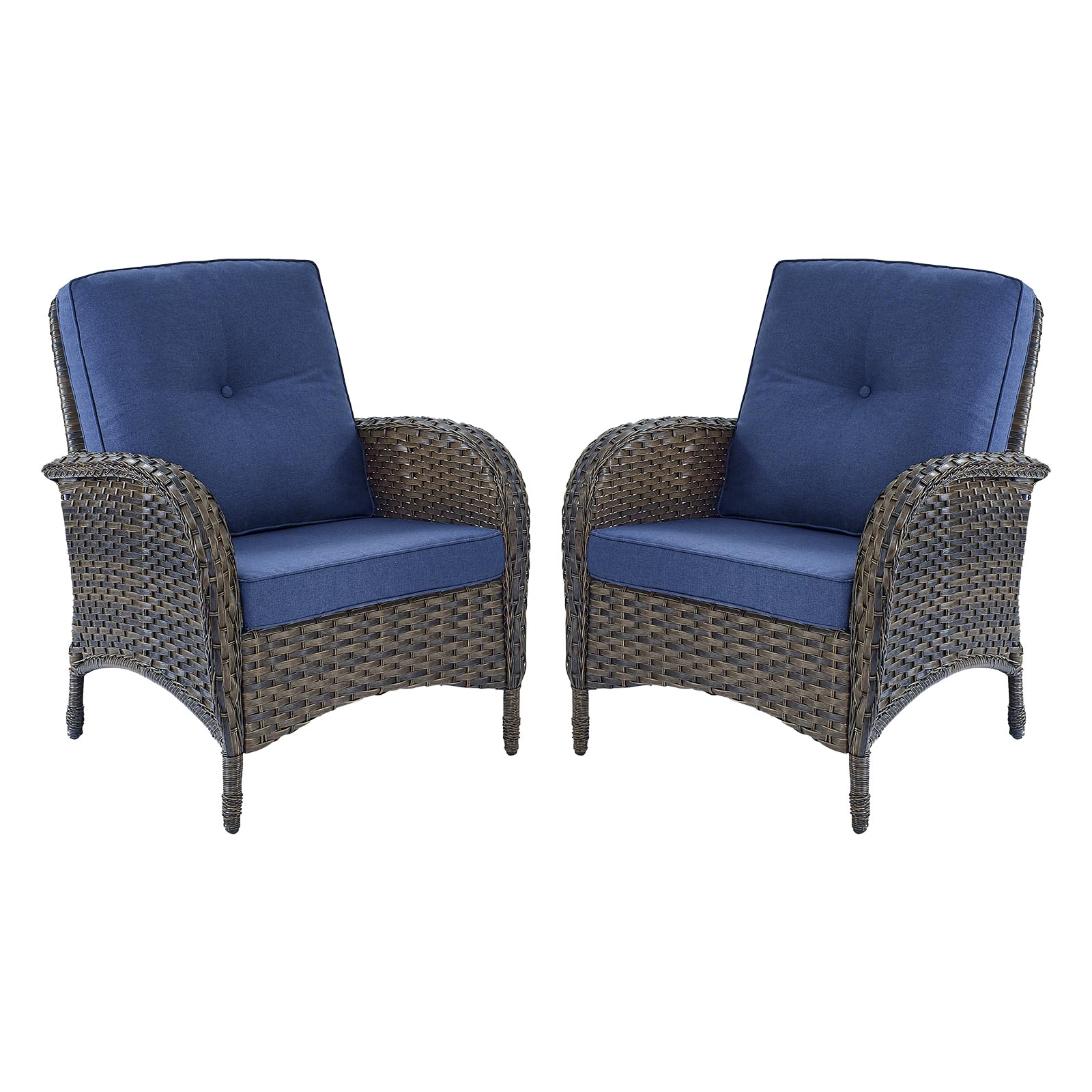 Hummuh Outdoor Wicker Chairs Patio Dining Chairs Set Of 2 With High Back And Deep Seat For Garden,Porch,Backyard,Balcony (Brown/Blue)