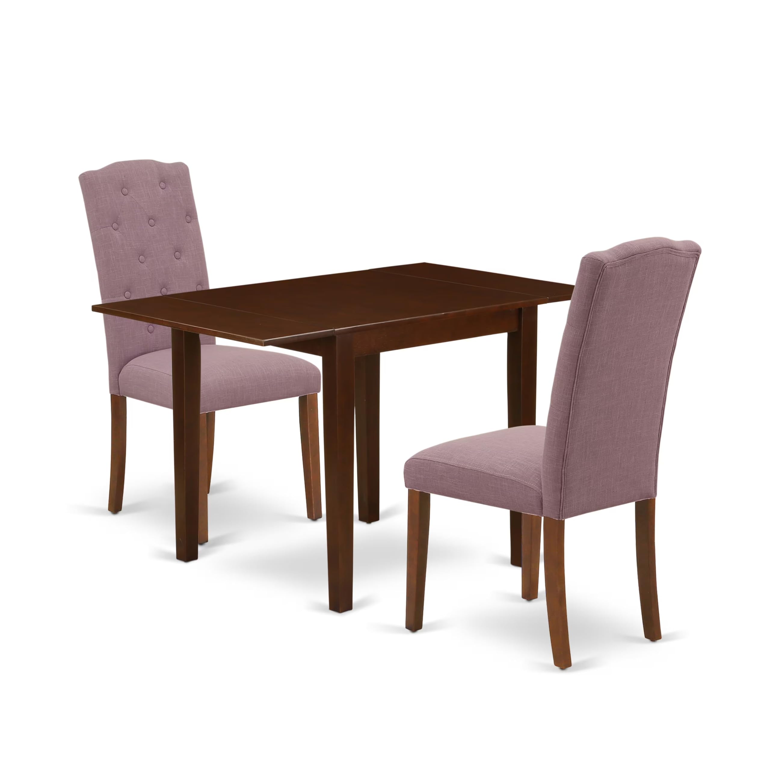 East West Furniture 1NDCE3-MAH-10 3 Piece Modern Dining Table Set Contains a Rectangle Wooden Table with Dropleaf and 2 Dahlia Linen Fabric Parson Dining Chairs, 30x48 Inch, Mahogany