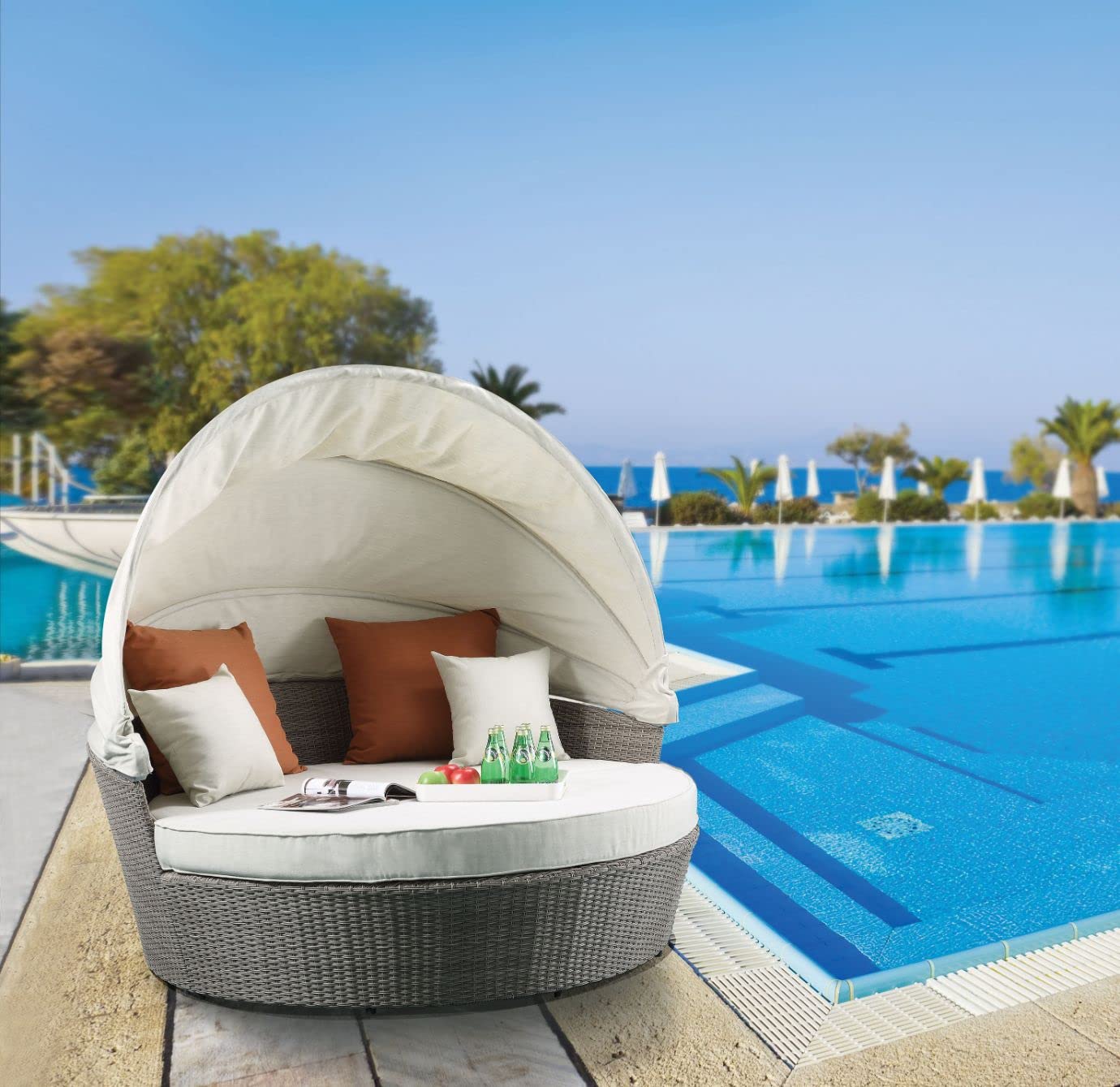 Acme Salena Wicker/Rattan Patio Canopy Daybed in Beige and Gray