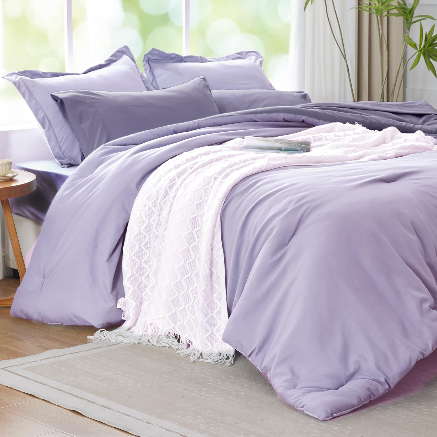 Kozyhvn Purple Lavender Comforter Set Queen Reversible Bedding Set, 7 Pieces Soft Bed In A Bag Queen With Comforter, Sheets, Pil