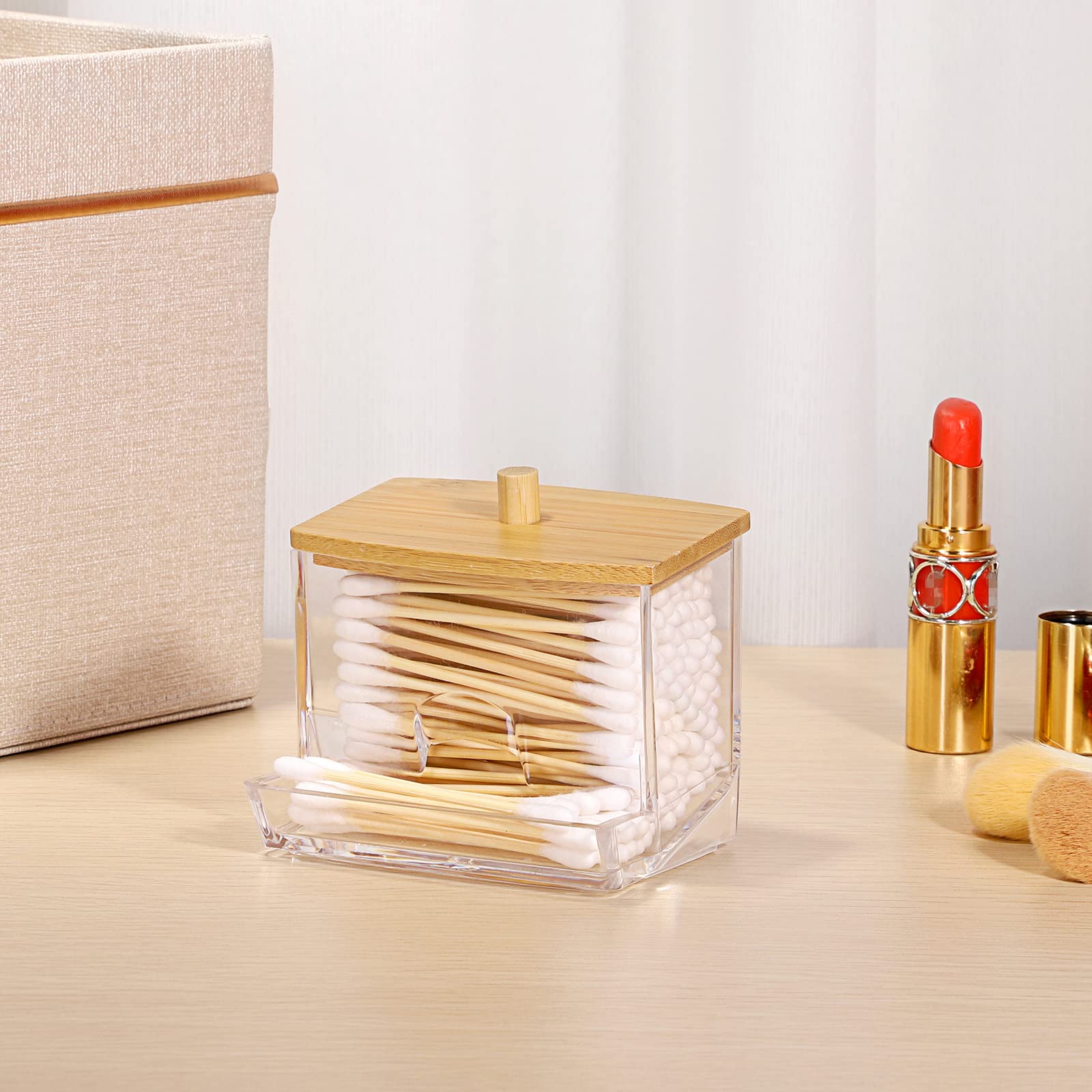 Hipiwe Clear Acrylic Q-Tip Holder with Lid - Bathroom Cotton Swab Dispenser Canister Organizer for Countertop Storage