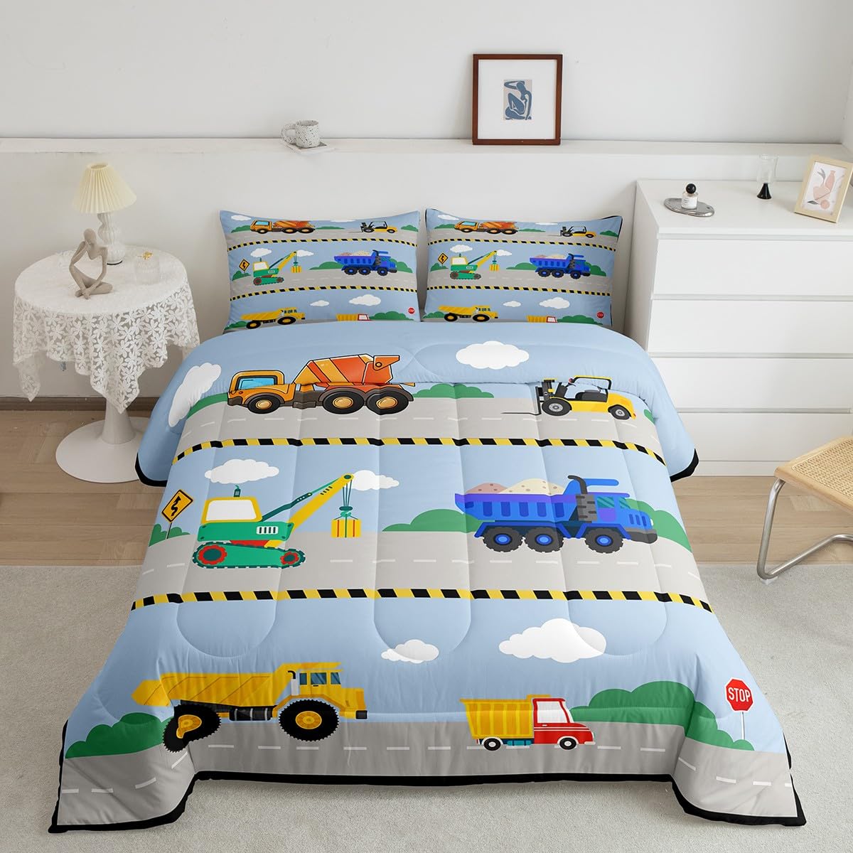 Cartoon Cars Kids Comforter Set Twin Size,Construction Vehicles Equipment Cute Bedding Set For Boys Girls Adults,Toddler Truck T