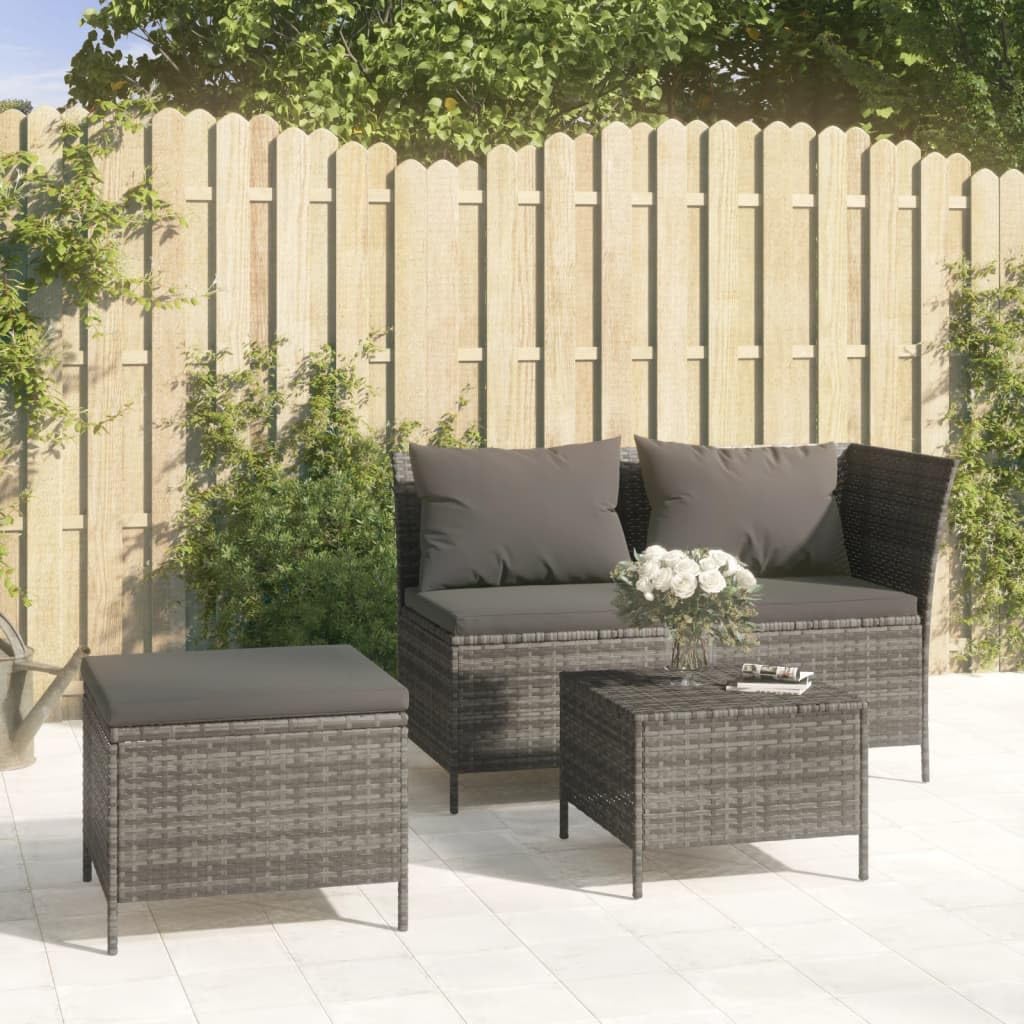 vidaXL 3 Piece Patio Lounge Set - Outdoor Furniture Set with Storage Corner Sofa, Stool, Coffee Table and Cushions - Gray Poly Rattan with Powder-Coated Steel Frame
