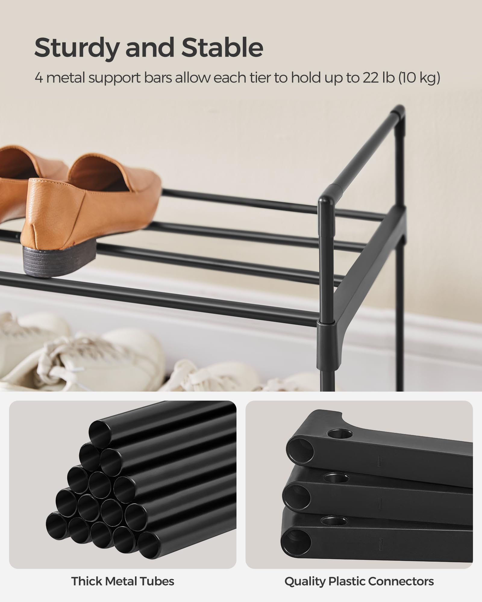 Songmics Shoe Rack, 3-Tier Shoe Organizer, Metal Storage Shelf, Upright Or Upside Down, For 20-24 Pairs, Stackable, For Entryway, 11.8 X 46.1 X 21.7 Inches, Black Ulsa033B01