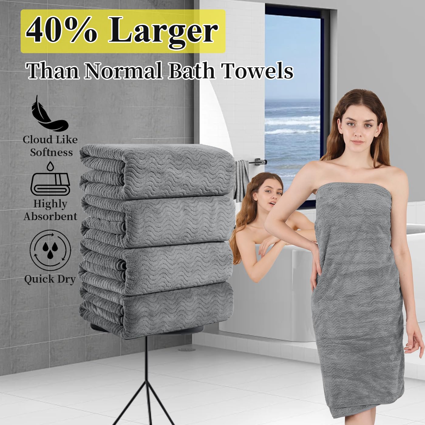 Jessy Home Grey 8 Piece Bath Towel Set |2 Oversized Large Bath Sheet,2 Hand Towels,4 Washcloths| Soft Luxury Towel Set For Bathr