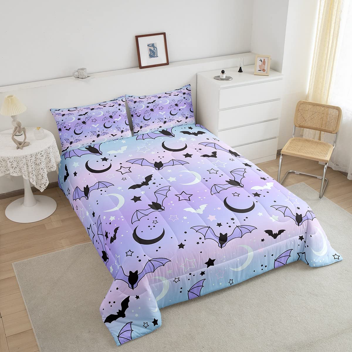 Feelyou Halloween Comforter Rainbow Comforter Set For Boys Girls Children Bat Moon Star Print Bedding Set Halloween Theme Purple