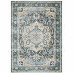 HomeRoots 510365 7 x 10 ft. Blue Ivory Teal Brown & Gold Oriental Printed Stain Resistant Non Skid Rectangle Area Rug