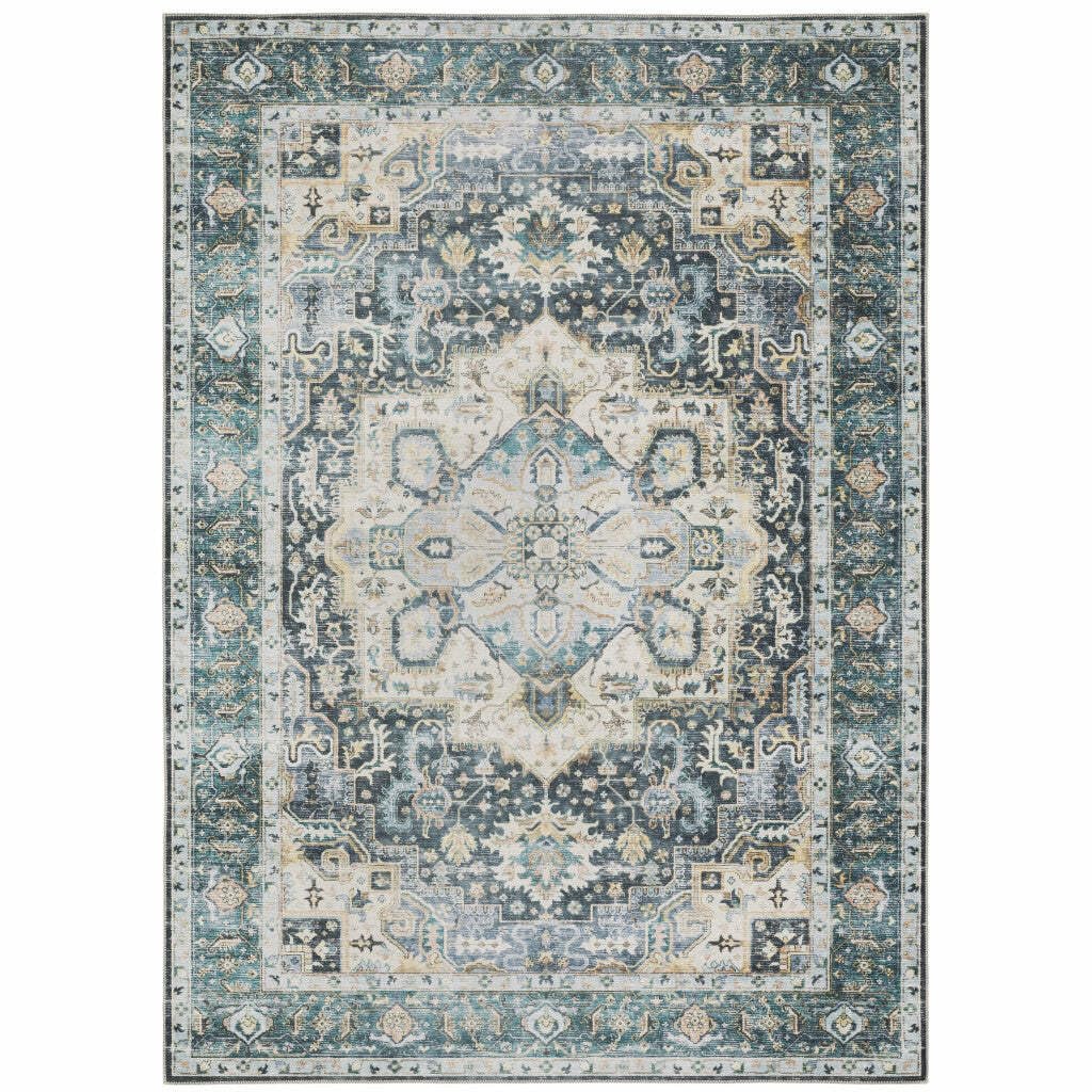 HomeRoots 510365 7 x 10 ft. Blue Ivory Teal Brown & Gold Oriental Printed Stain Resistant Non Skid Rectangle Area Rug