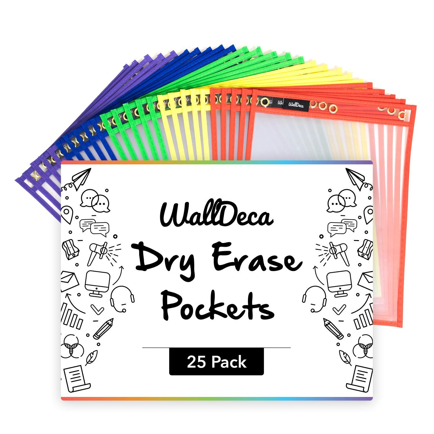 Walldeca Dry Erase Pocket Sleeves Assorted Colors, 8.5' X 11', Plastic Paper Holder Pack, Reusable Dry Erase Sleeves, Paper Po