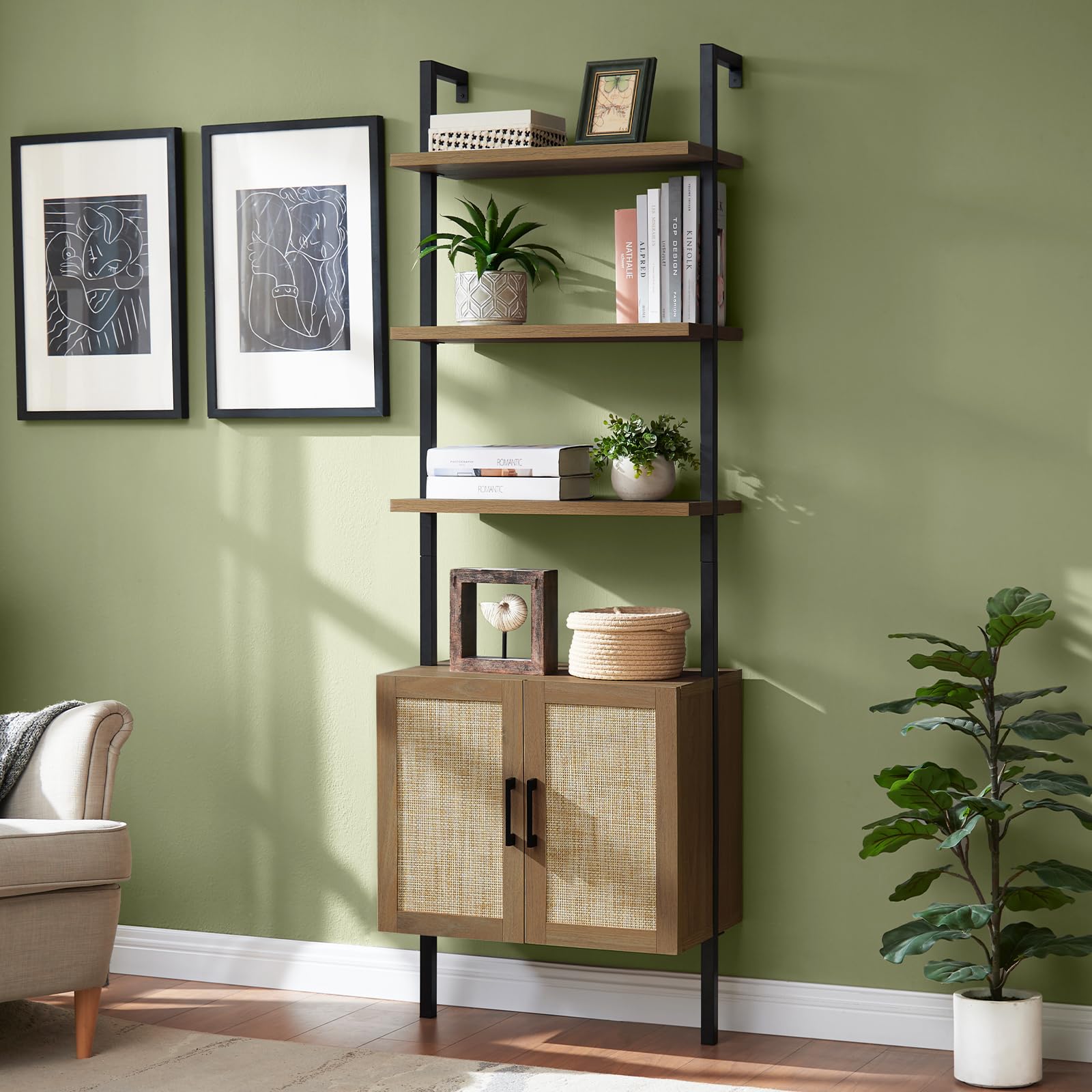5 Tier Book Shelf, 73 Tall Bookshelf with Storage, Modern Bookcase with Shelves, Wall Mount Ladder Shelf with Steel Frame, Books