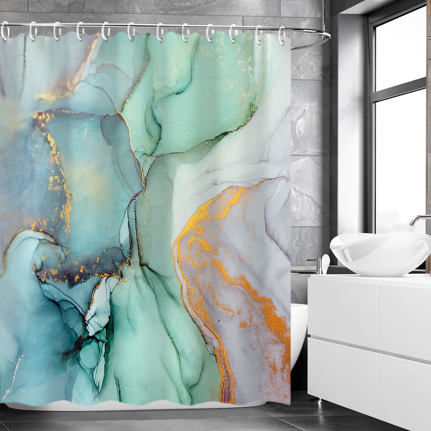 RosieLily Green Marble Shower Curtain Set With 12 Hooks, Blue Gray Abstract Waterproof Bathroom Curtain, 72Wx72H