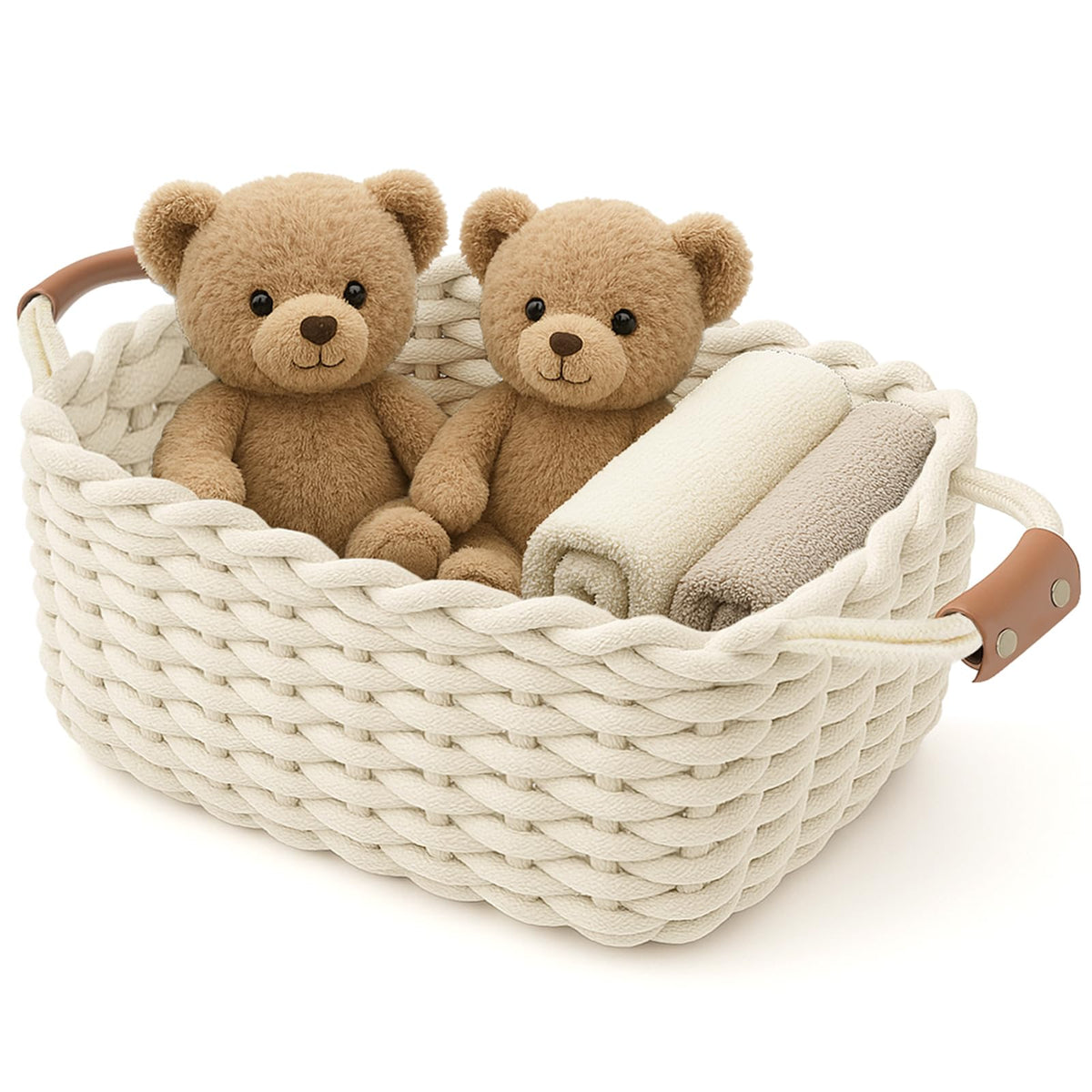 LEEJARD Cotton Rope Storage Basket with Leather Handles
