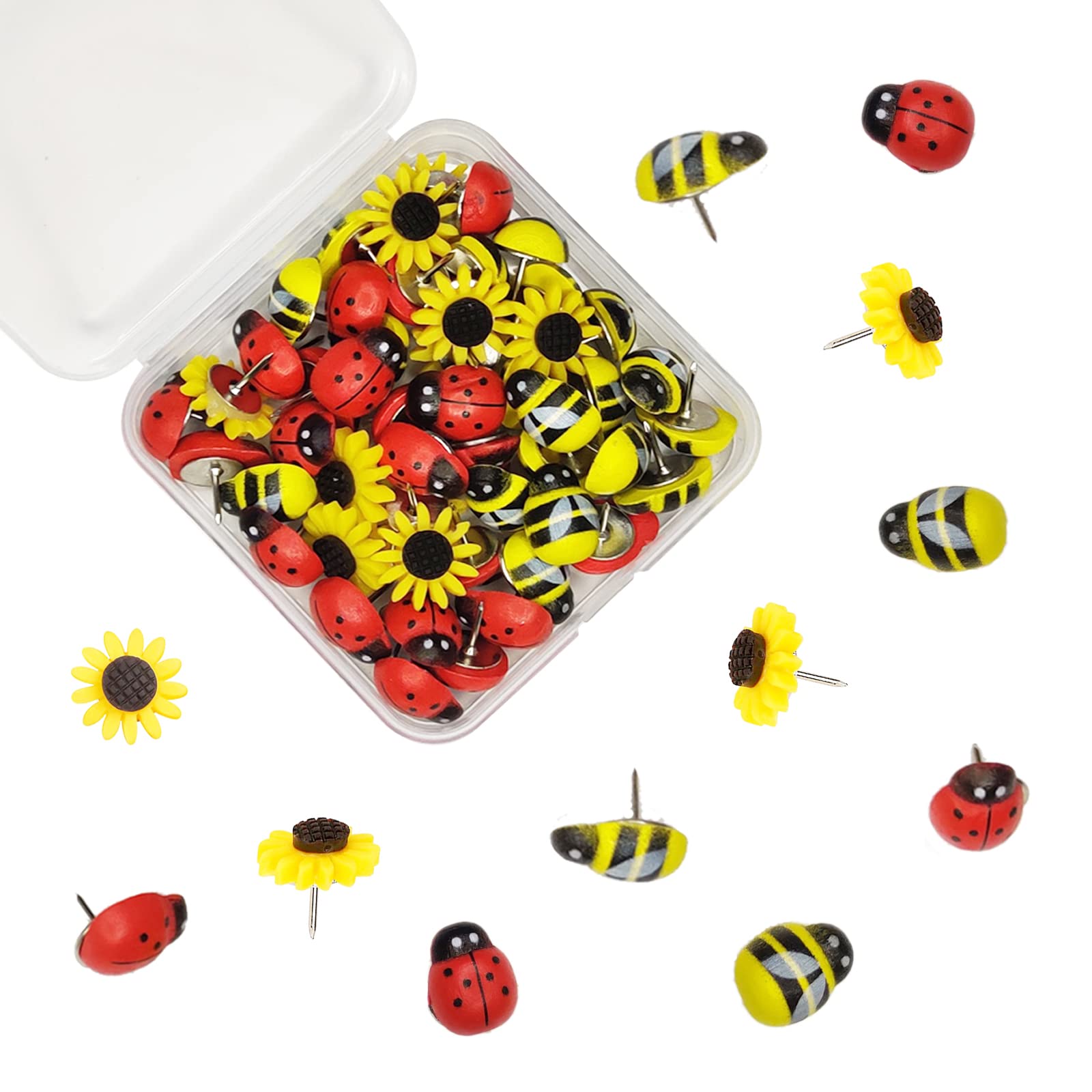 50 Pcs Animal Push Pins, Danudon Bee Pushpins Sunflower Thumbtacks Decorative Bumble Bee Shaped Floret Thumb Tacks Decorations F