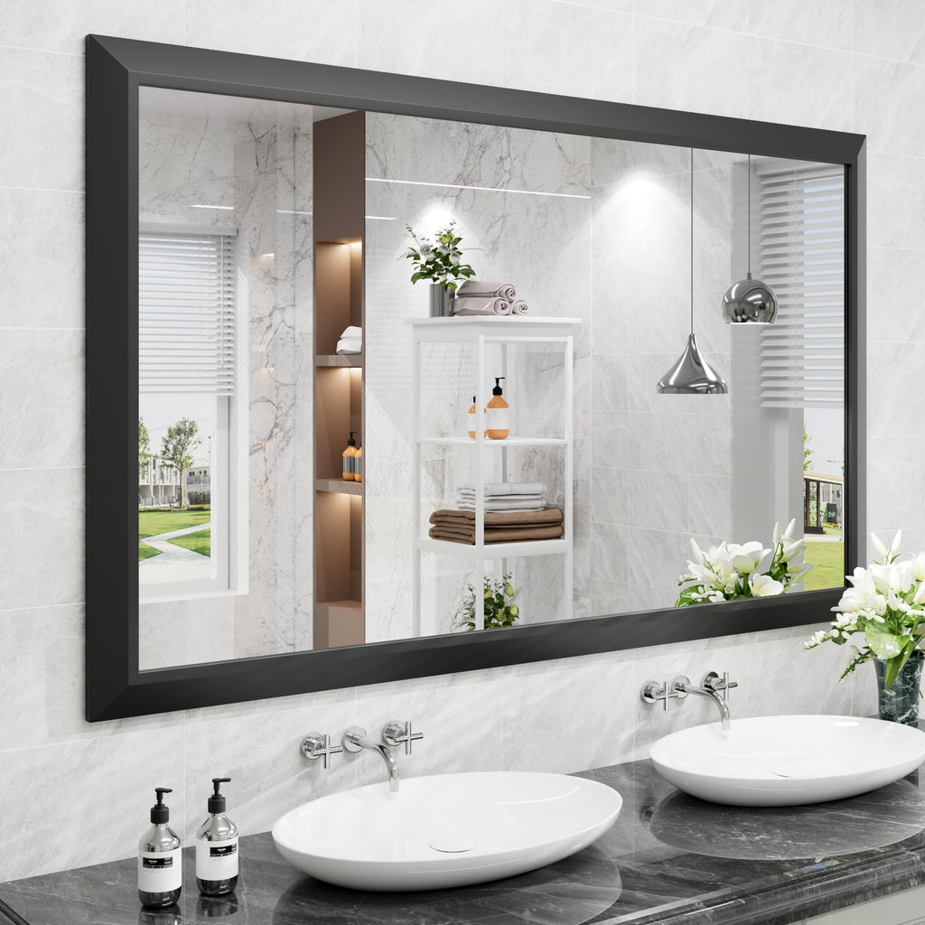 Amorho Black Bathroom Mirror, 60x36 Inch Thick Metal Framed Wall Mirrors for Over 2 Sinks, Bedroom, Living Room, Entryway, Large