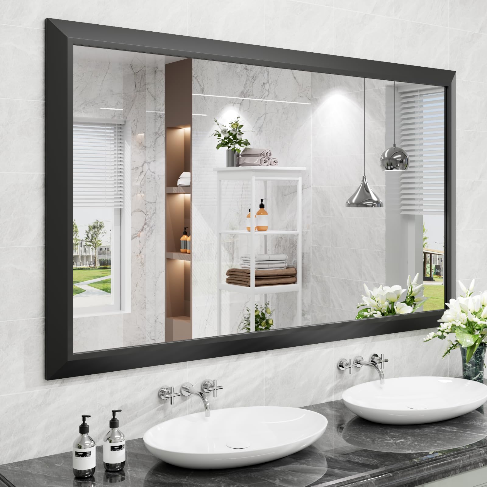 Amorho Black Bathroom Mirror, 60x36 Inch Thick Metal Framed Wall Mirrors for Over 2 Sinks, Bedroom, Living Room, Entryway, Large