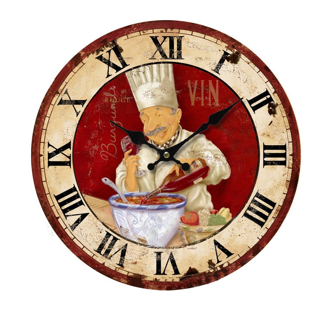 KiaoTime 13.5 inch Vintage Wall Clock Italian Cooking Chef Clock Non-Ticking Clock Kitchen Wood Wall Clock