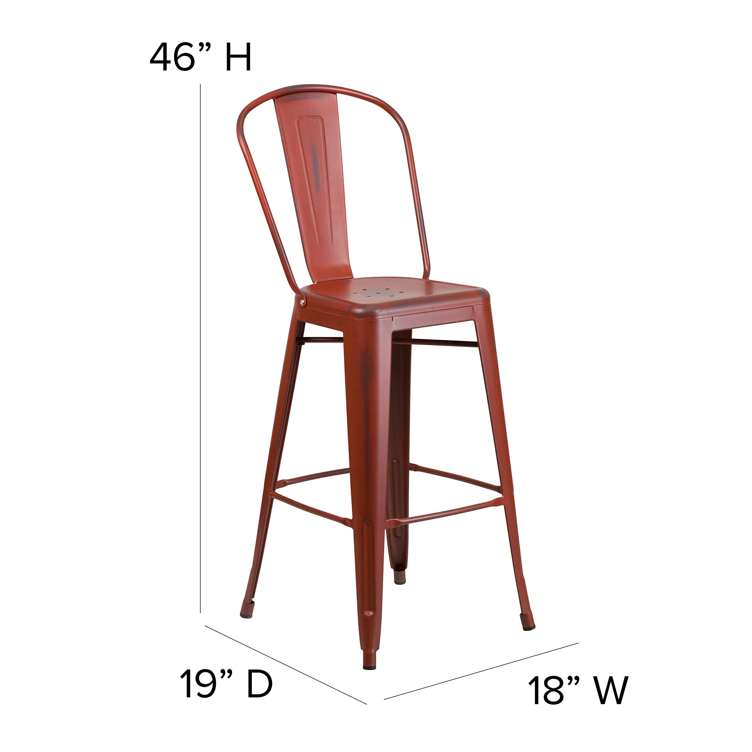 Flash Furniture Commercial Grade 30' High Distressed Kelly Red Metal Indoor-Outdoor Barstool With Back