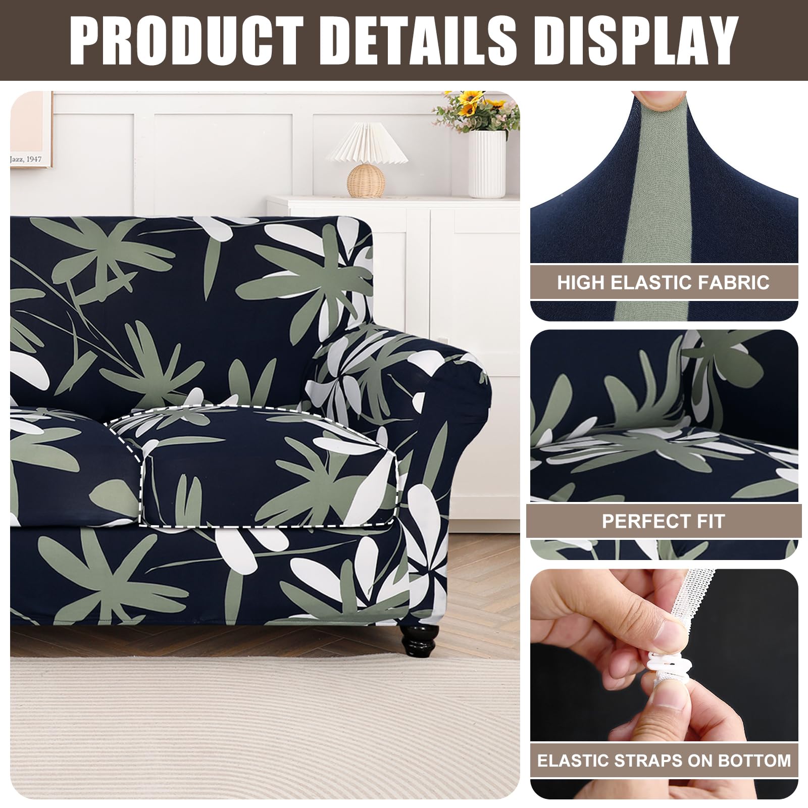 Searchi Stretch Sofa Cover Printed Couch Cover, Floral Pattern 3 Pieces Loveseat Slipcover With 2 Separate Cushion Cover, Washable Furniture Protector For Living Room(Loveseat, Navy Blue)