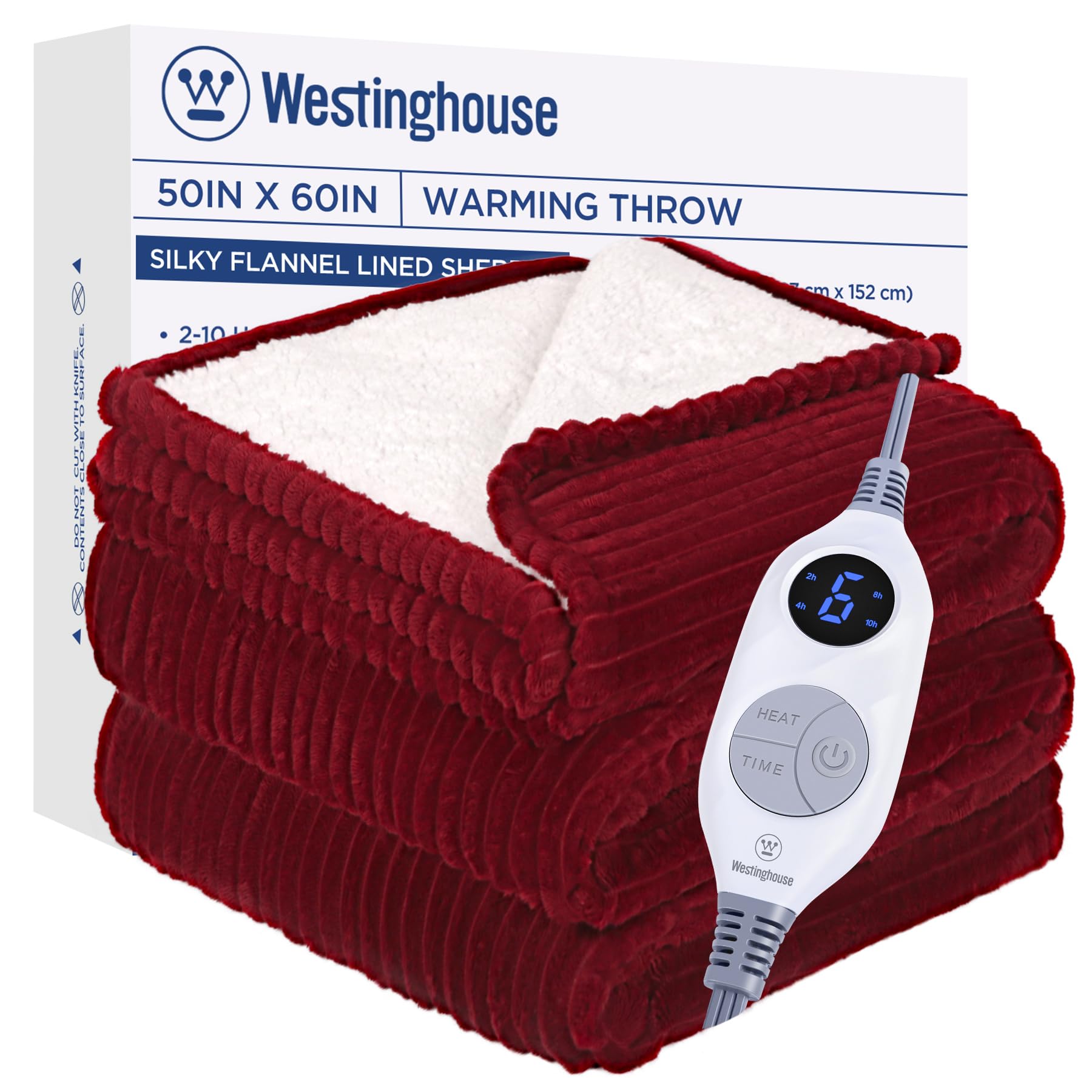 Westinghouse Heated Throw Blanket, Soft Flannel Sherpa Electric Blanket With 6 Heating Levels & 2-10 Hours Auto Shut Off, Fast H