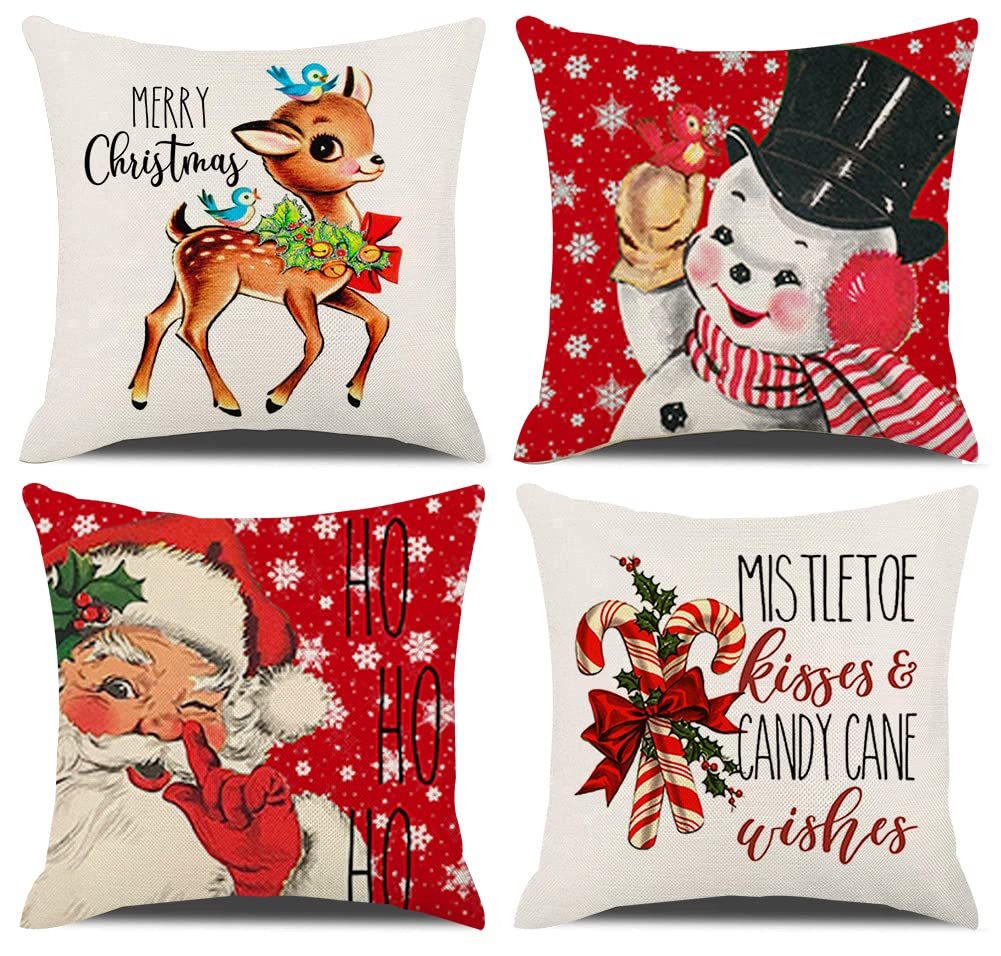 Kacopol Christmas Decorations Pillow Covers 18  18 Set Of 4 Snowflake Santa Snowman Deer Bird Candy Cane Xmas Rustic Winter Holi