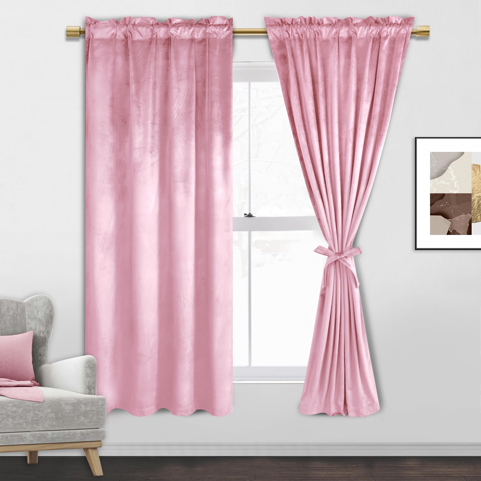 Jiuzhen Pink Velvet Curtains 63 Inches For Living Room - Privacy Protect Room Darkening Rod Pocket Thick Velvet Window Drapes Fo