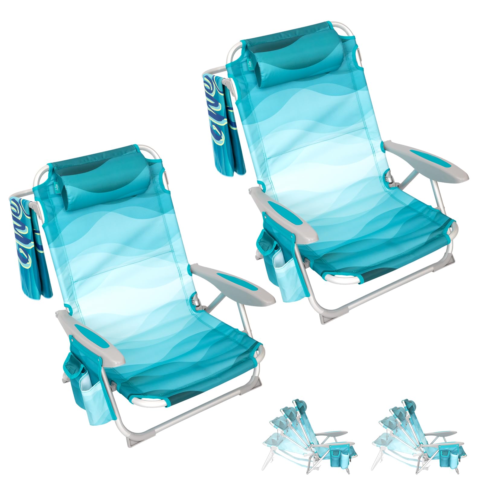 #WEJOY Lightweight Low 2 Pack Beach Chair for Adults, 4-Position Aluminum Folding Camping Chairs with Shoulder Strap, Cup Holder