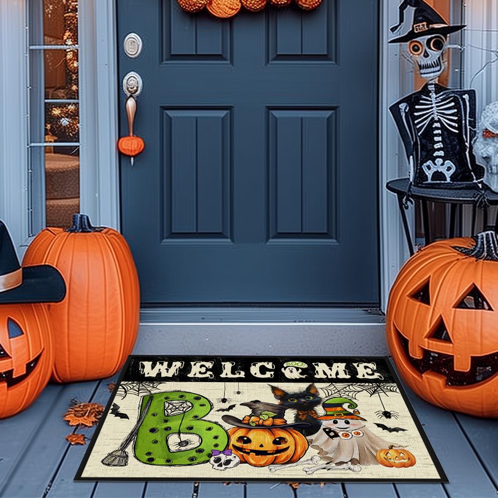 Segxcfl Halloween Door Mat Boo Ghost Pumpkin Welcome Mat Rubber Non Slip Bathroom Rugs Black Cat Linen Mat Indoor Outdoor Entran