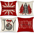 Geeory Set Of 4 Buffalo Plaid Christmas Pillow Covers - Tree, Joy, Snow, Merry Christmas - Holiday Throw Pillows