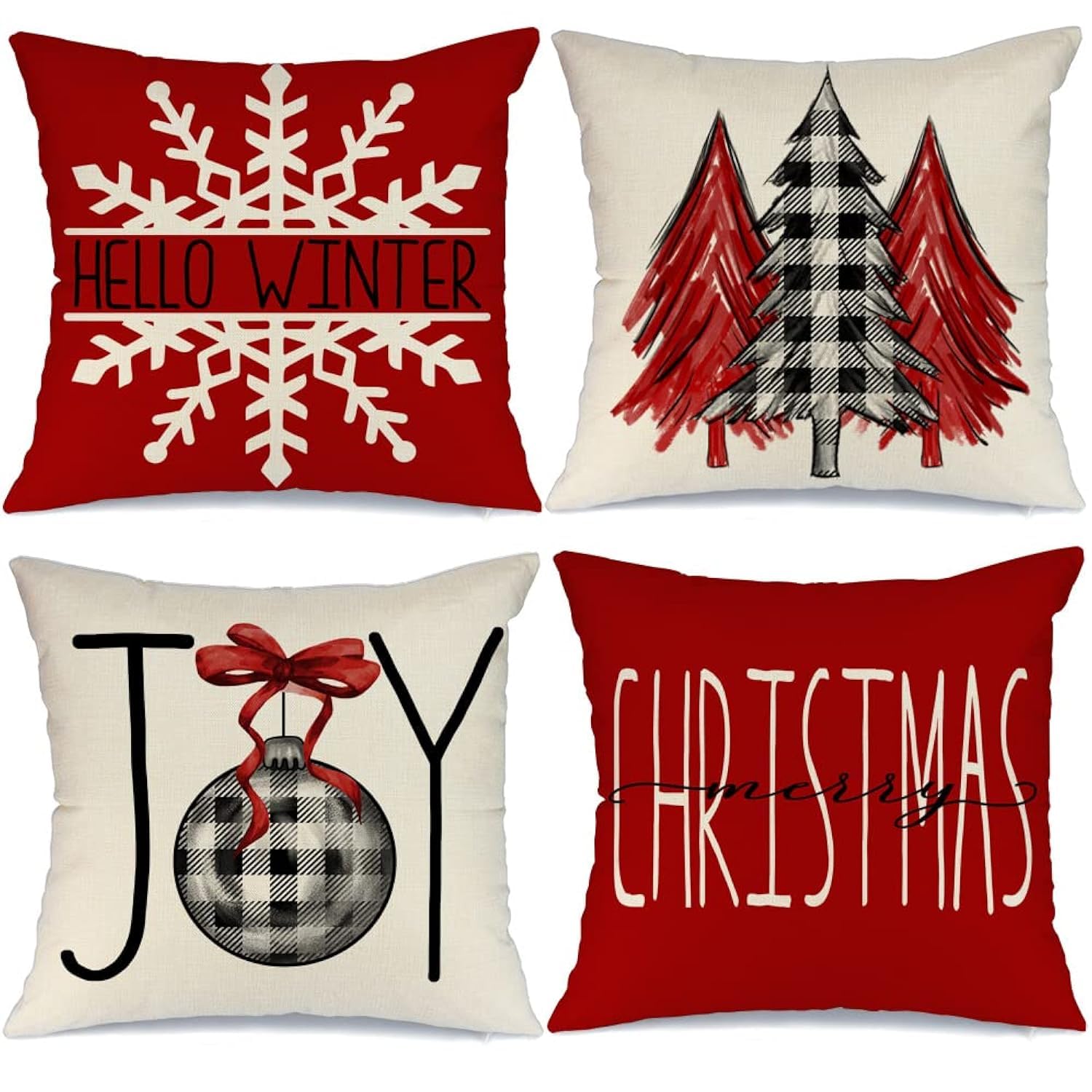 Geeory Set Of 4 Buffalo Plaid Christmas Pillow Covers - Tree, Joy, Snow, Merry Christmas - Holiday Throw Pillows