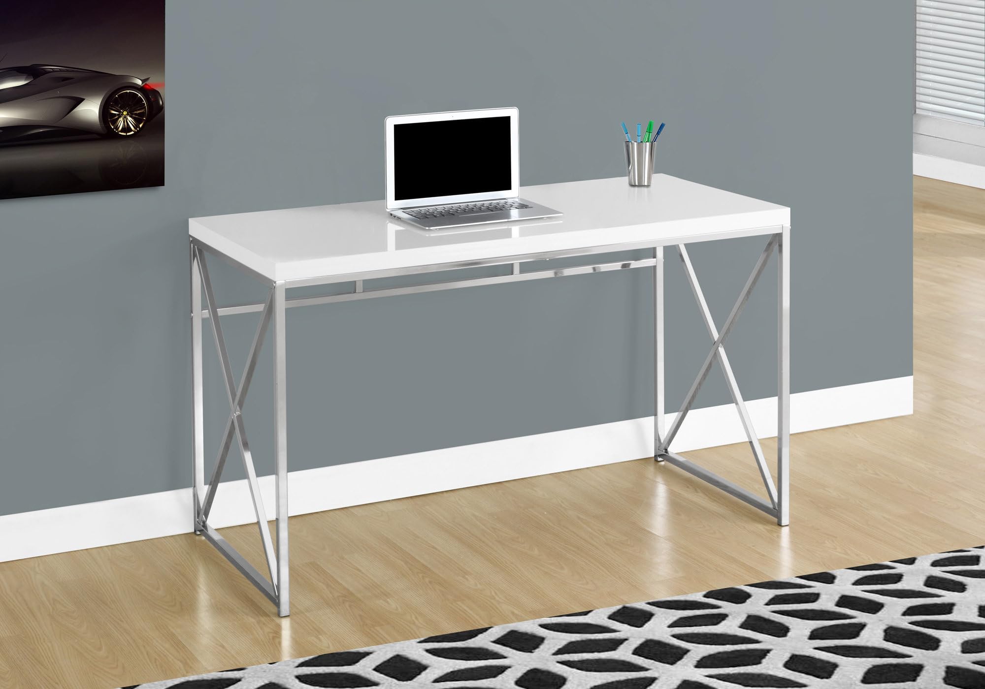 Monarch Specialties I 7205 Computer Desk, Home Office, Laptop, Work, Metal, Laminate, Glossy White, Chrome, Contemporary, Modern