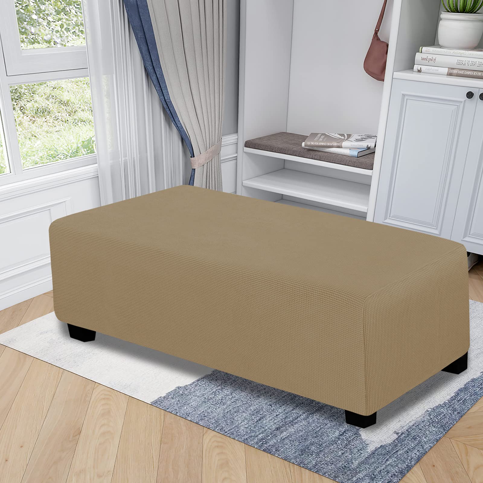 Easy-Going Stretch Ottoman Cover Folding Storage Stool Furniture Protector Soft Rectangle Slipcover With Elastic Bottom (Ottoman Xx-Large, Tan)