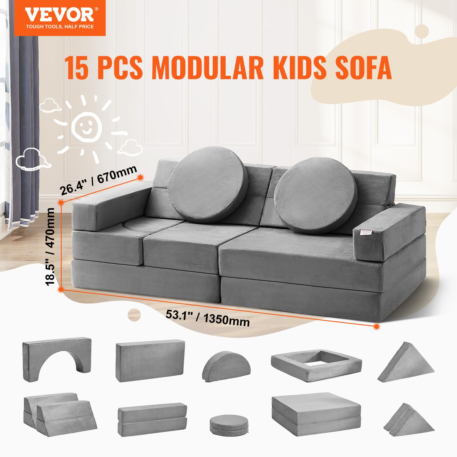 VEVOR 15pcs Modular, Toddler Foam Sofa Couch with High-Density 25D Sponge for Playing, Creativing, Sleeping, Imaginative Kids Furniture for Bedroom and Playroom, Grey