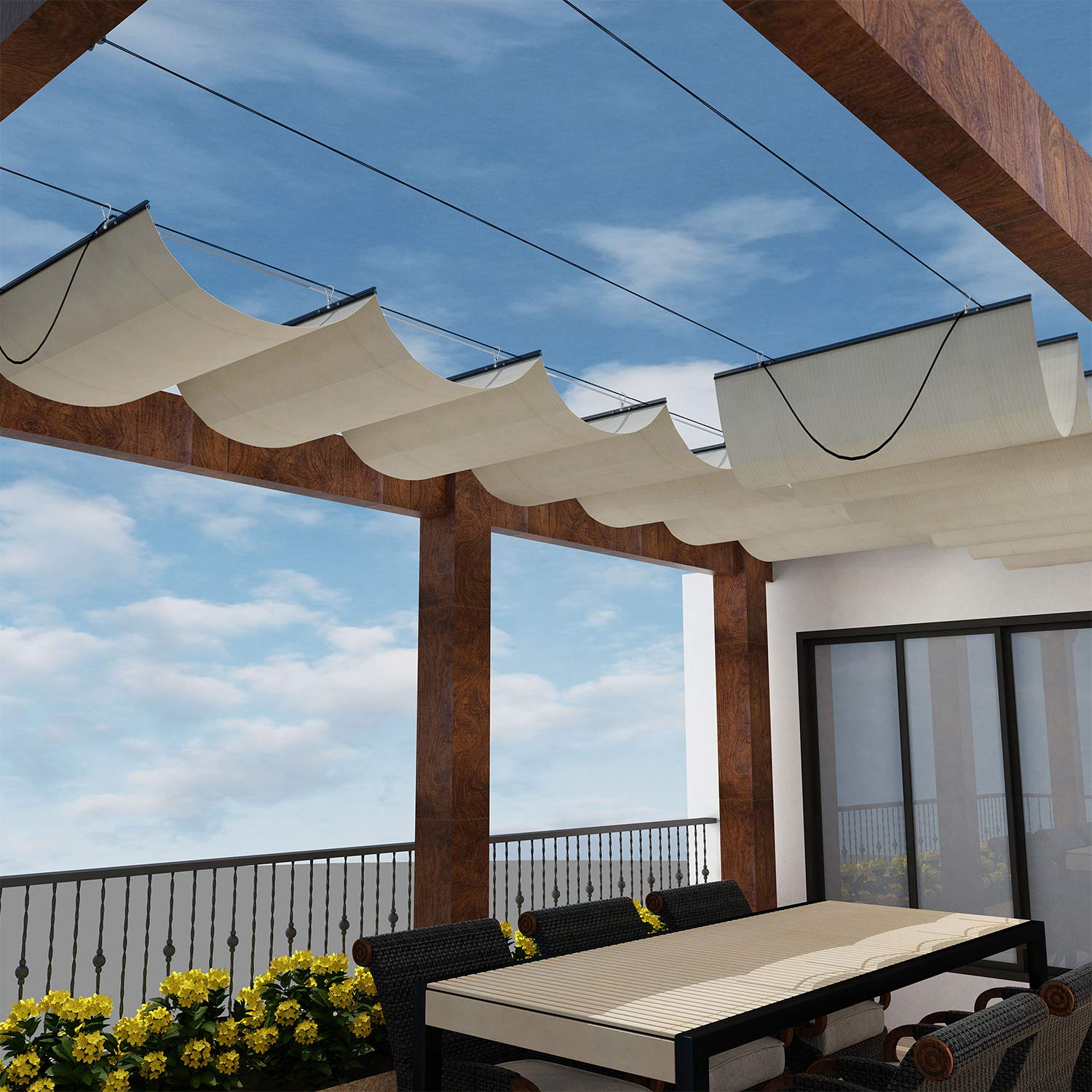 Windscreen4Less 4' X 12' Retractable Sun Shade Canopy Cover Sliding Wave Shade Sail For Pergola Patio Deck Yard Gazebo Outdoor (