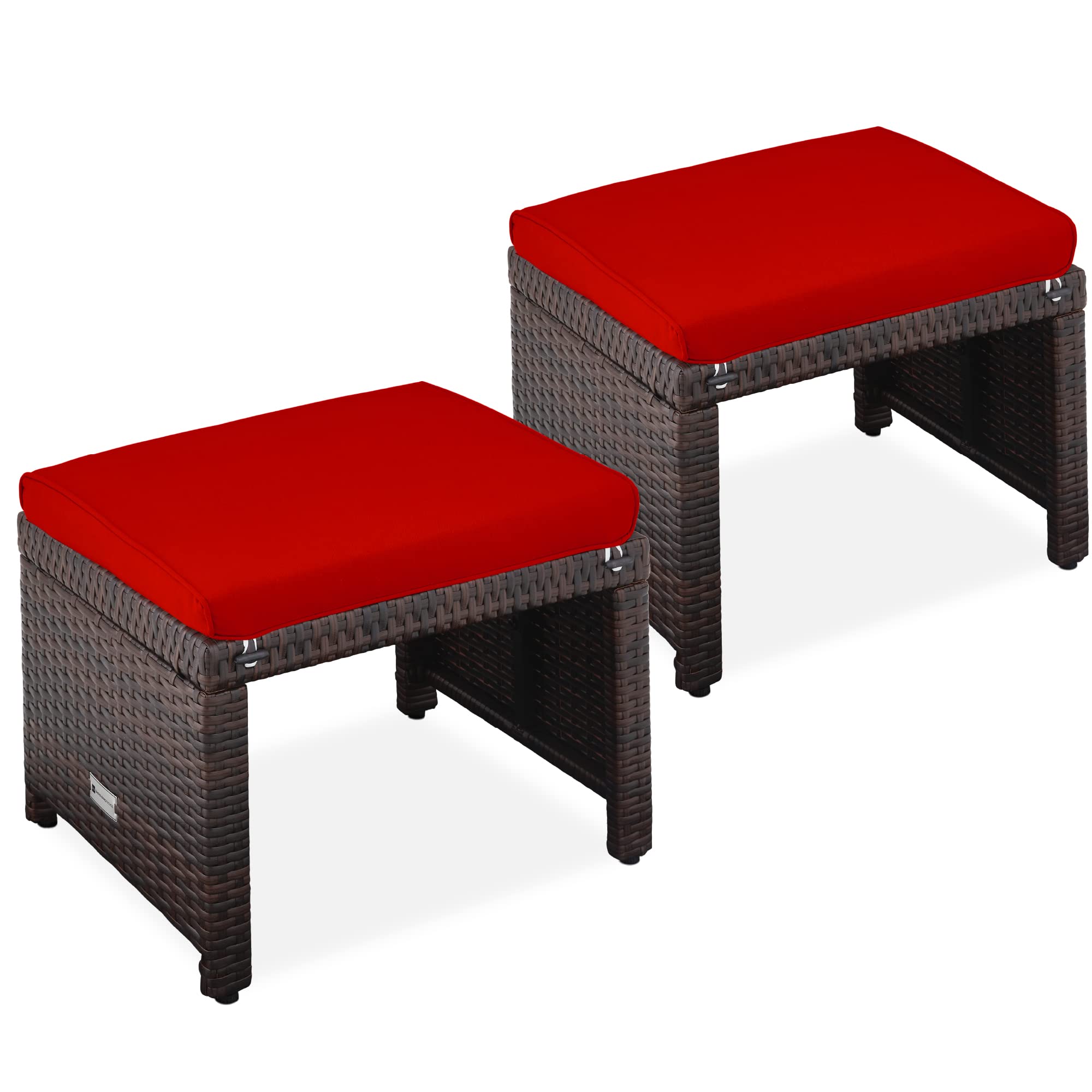 Best Choice Products Set Of 2 Wicker Ottomans, Multipurpose Outdoor Furniture For Patio, Backyard, Additional Seating, Footrest, Side Table W/Removable Cushions, Steel Frame - Brown/Red