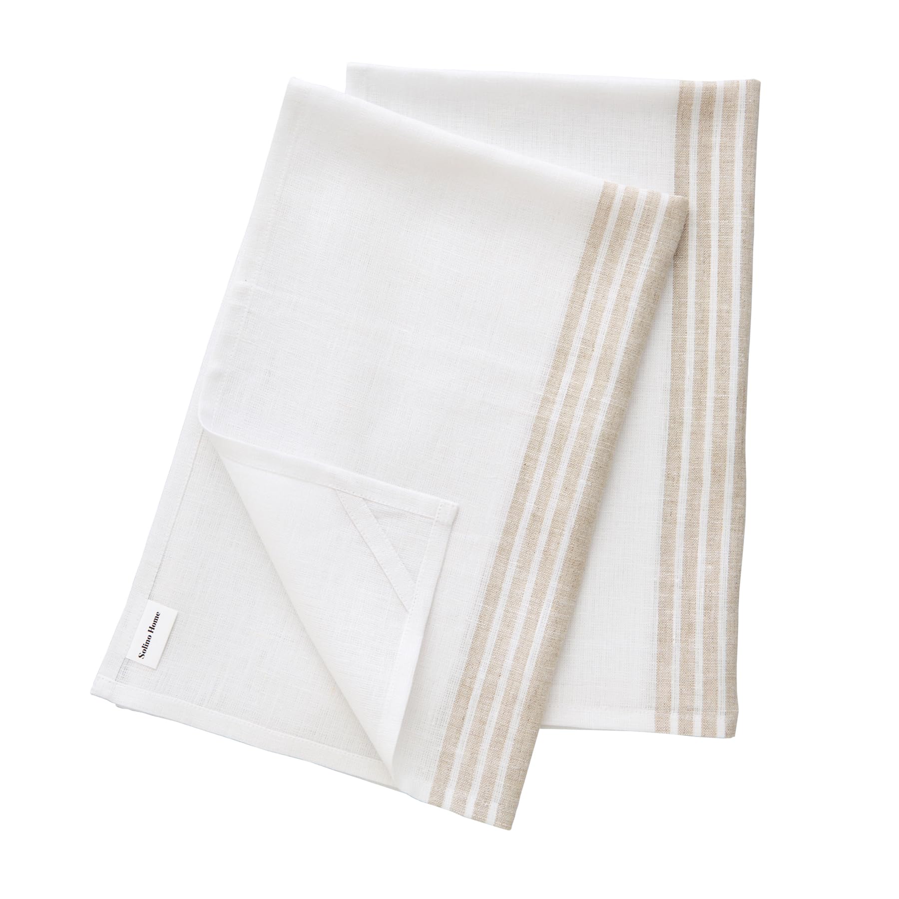 Solino Home Linen Kitchen Towels Set of 2 - Natural and White 17 x 26 Inch - 100% Pure Linen Farmhouse Kitchen/Tea Towels- Machi