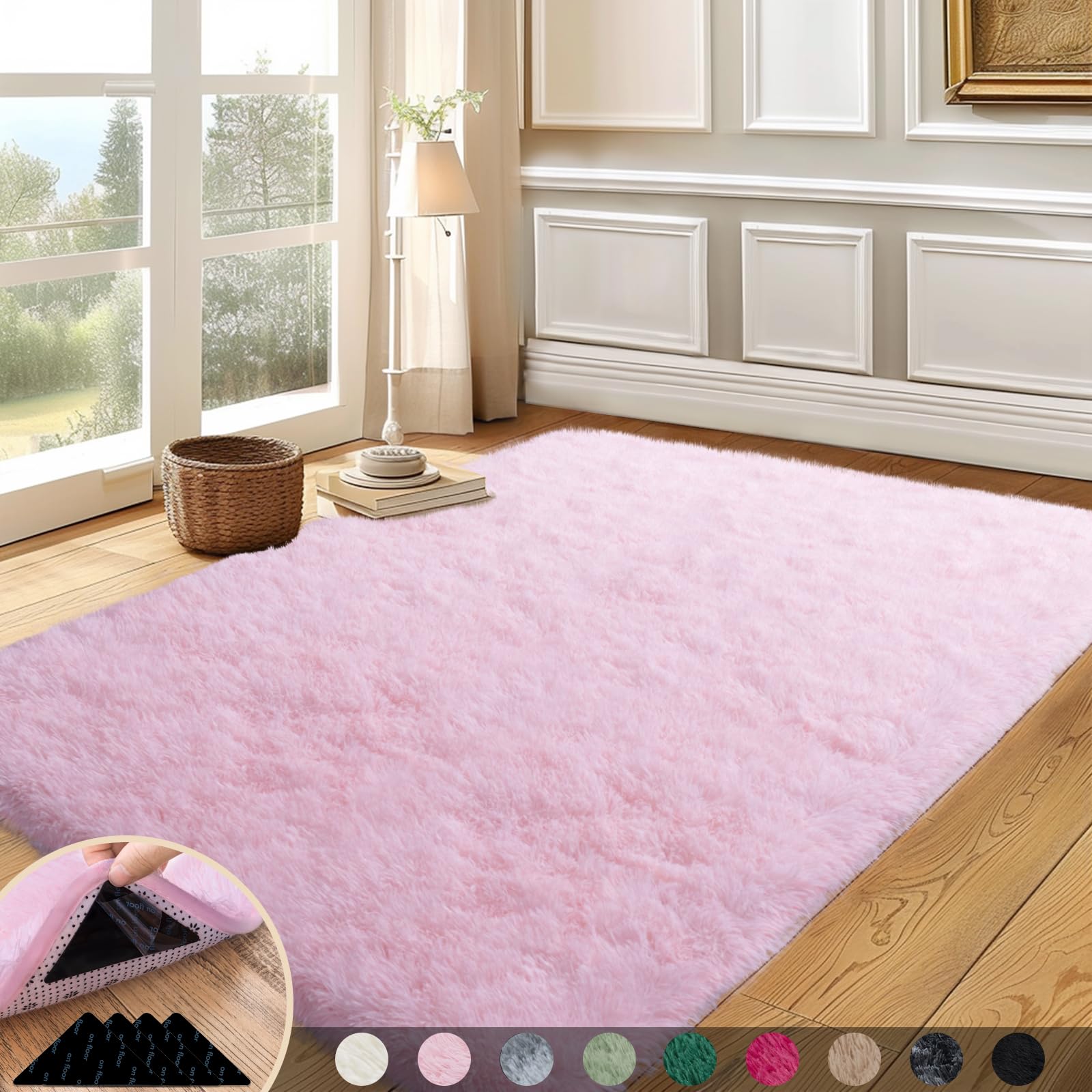 Mugorn Pink Rugs for Living Room, 5x7 Feet Large Fluffy Area Rugs for Bedroom, Soft Carpet Shag Kids Rug with 4 Non-Slip Rug Pad