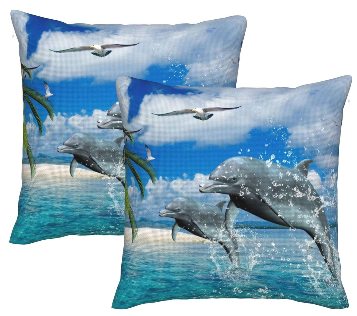 Datansen Set Of 2 Square 18X18 Inch Throw Pillow Covers Theme Of Sea Dolphins Seagulls Style Natural Summer Beach Pillow Cases D