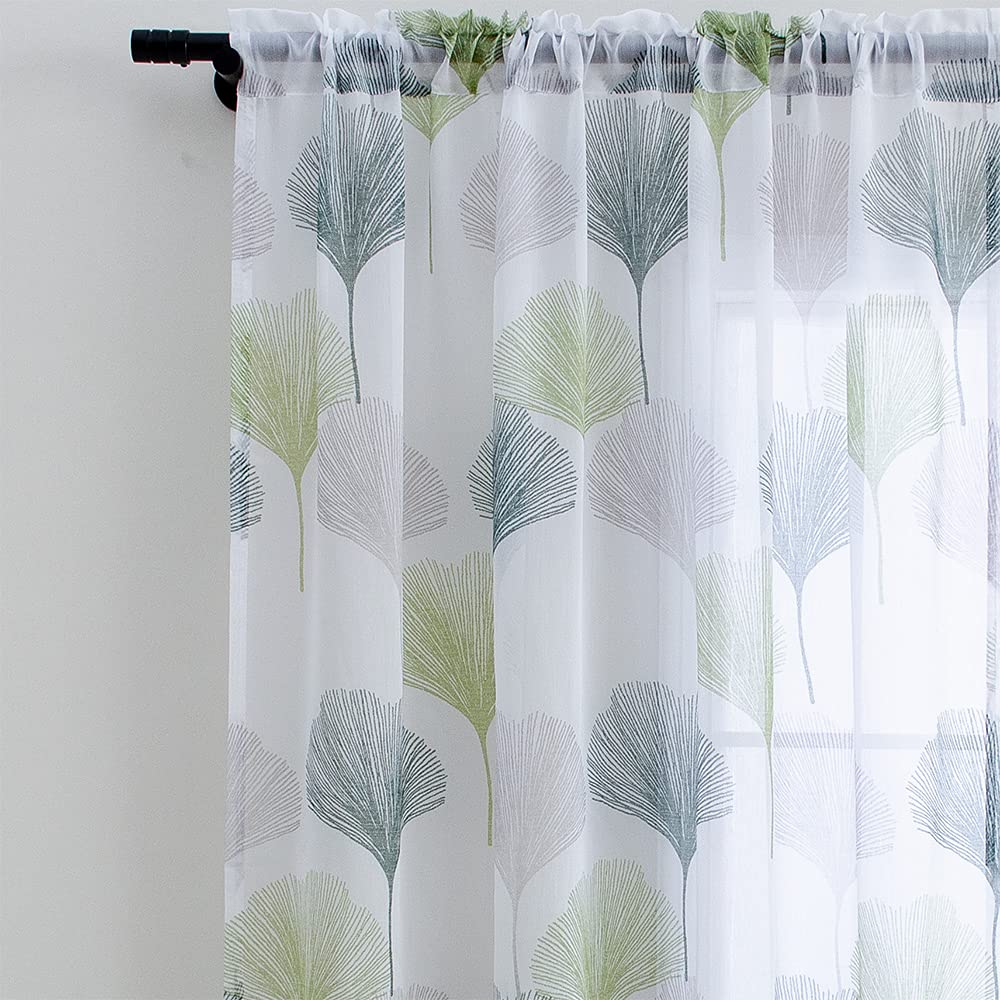Linentalks Green Leaf Curtains For Living Room, Scandinavian Pattern Sheer Curtains 84 Inch Length 2 Panels Set, Sheer Floral Cu