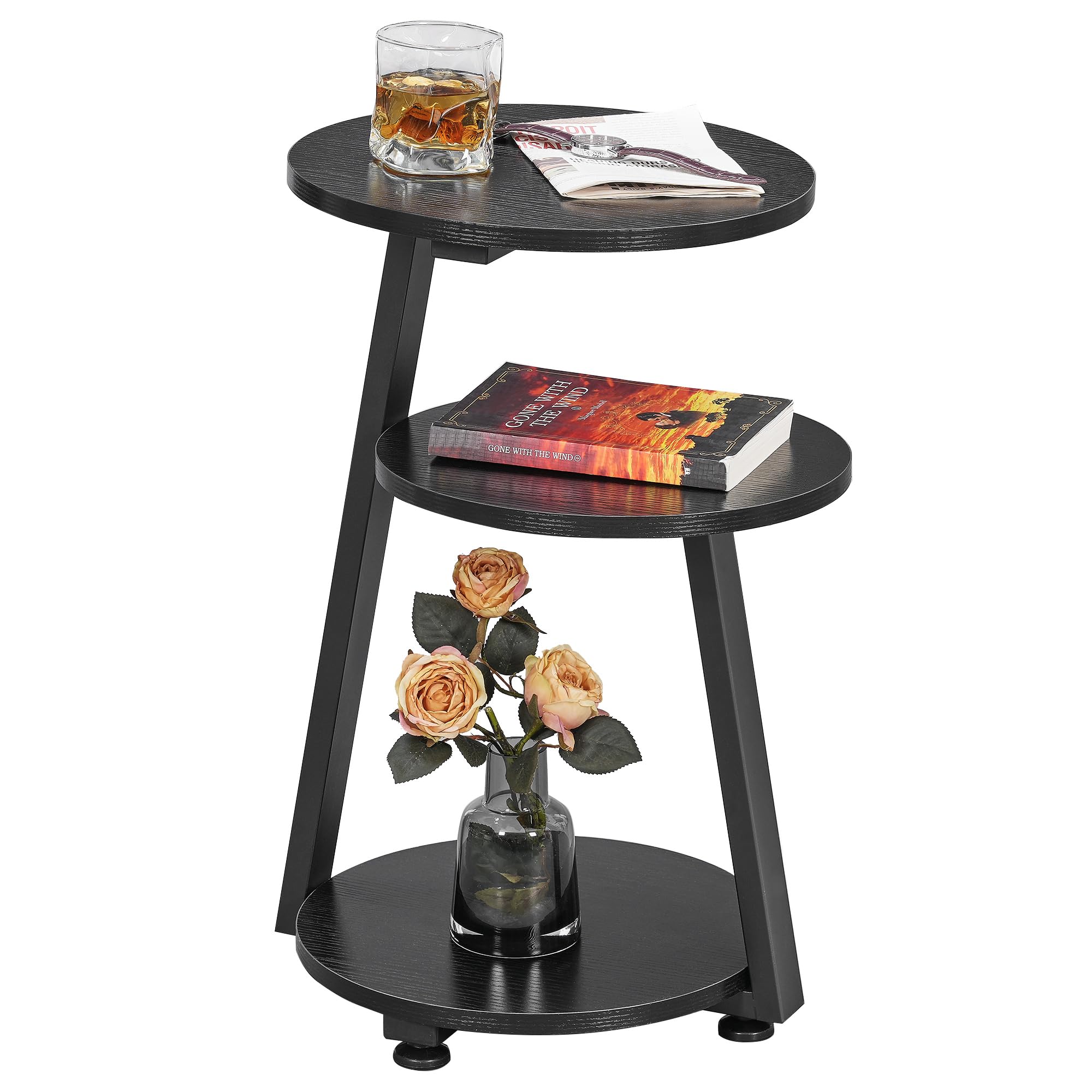BEWISHOME Round End Table Side Table with Metal Frame, Accent Table Nightstand Bedside Table with 3-Tier Shelves, Small Table fo